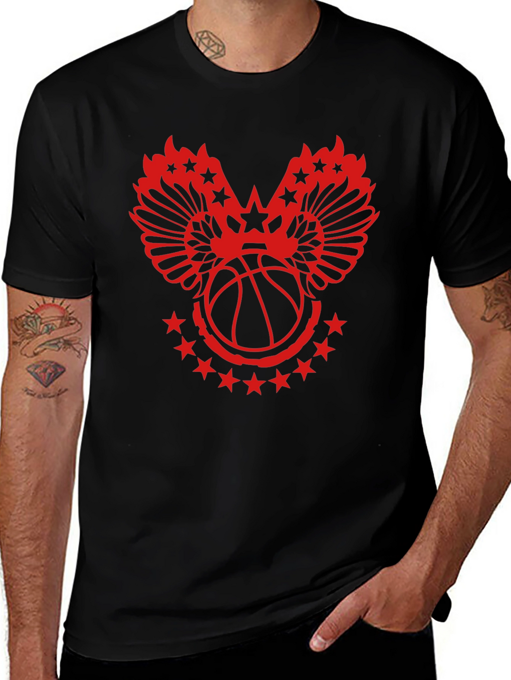 Red Basketball Wings Star Graphic T-Shirt