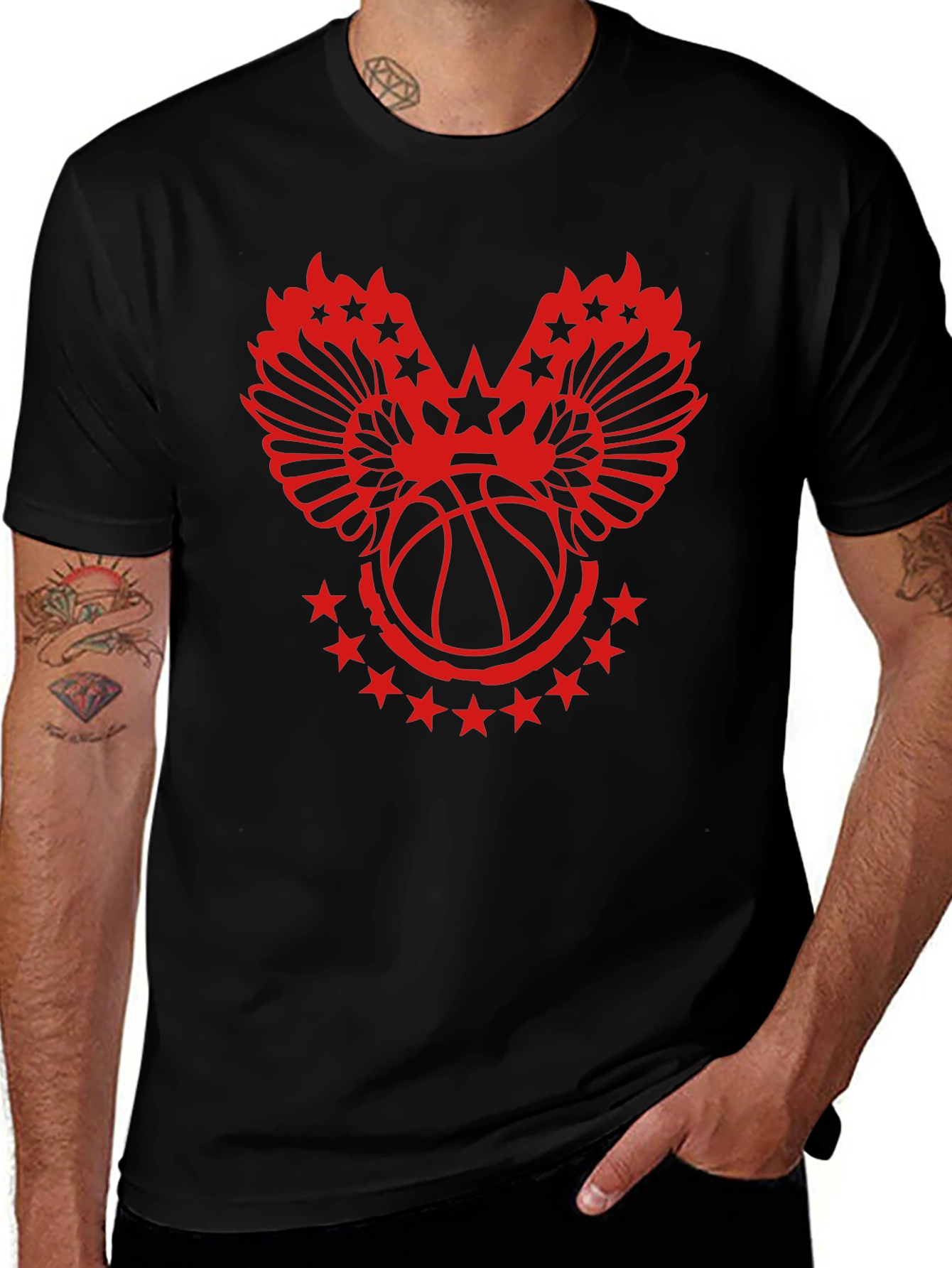 Red Basketball Wings Star Graphic T-Shirt