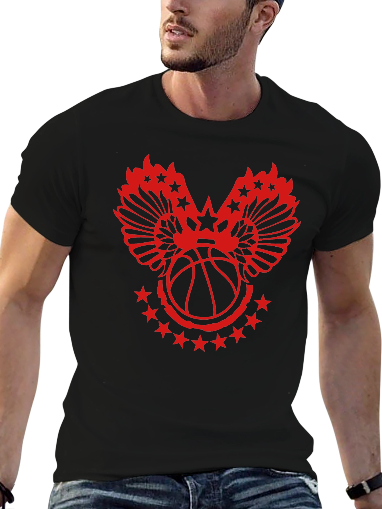 Red Basketball Wings Star Graphic T-Shirt