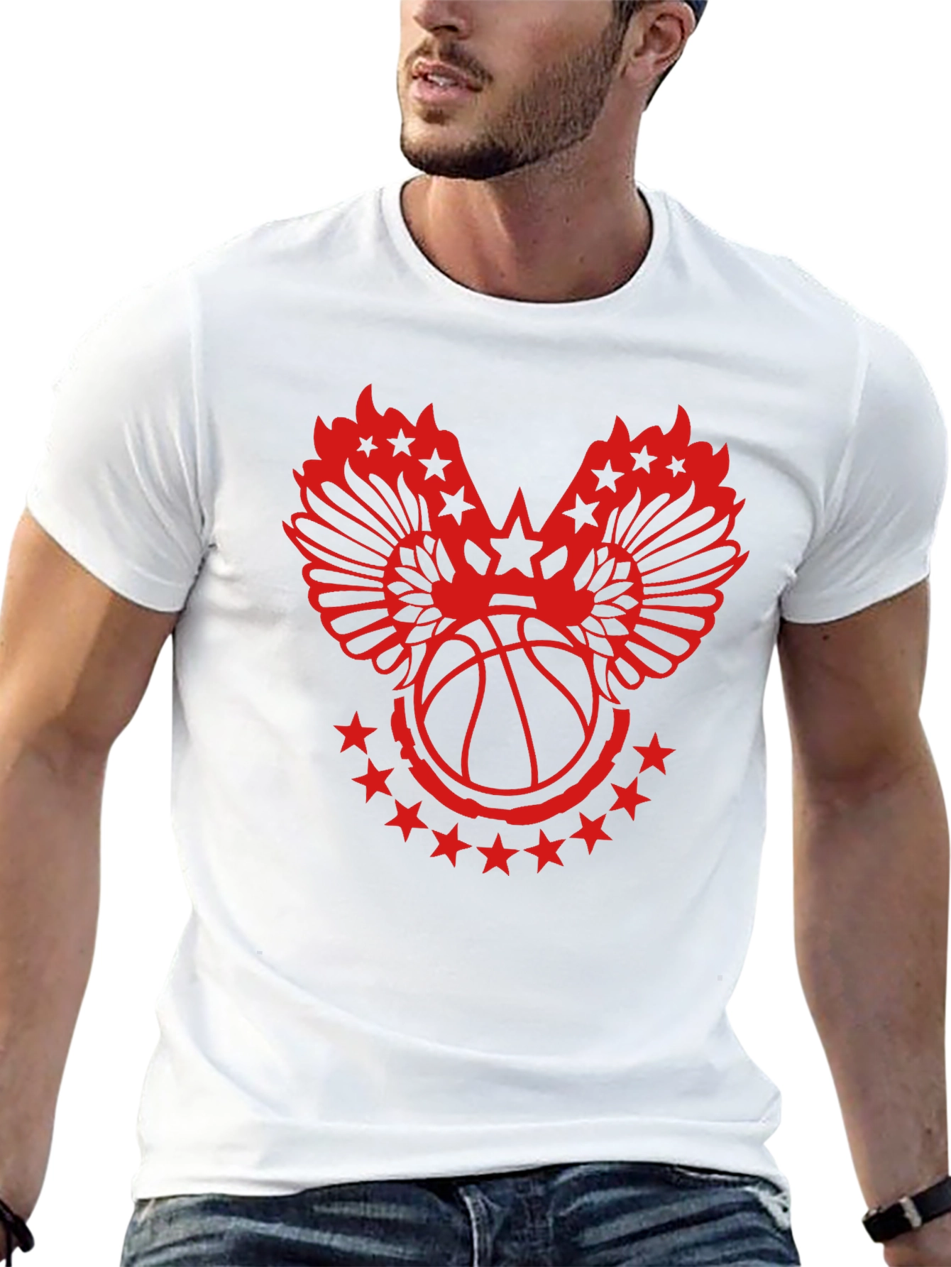 Red Basketball Wings Star Graphic T-Shirt