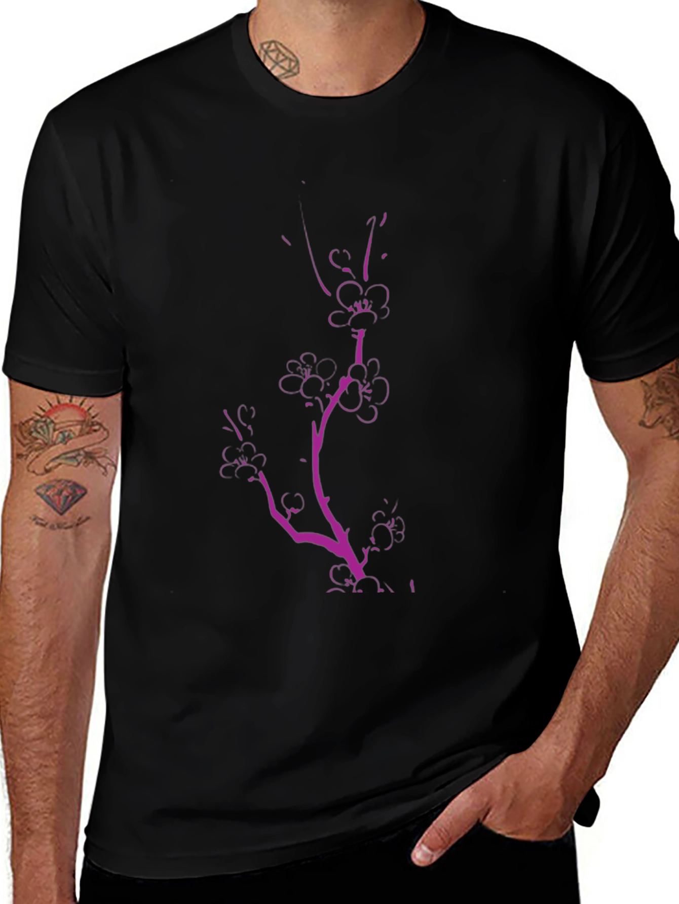 Black Tee with Pink Floral Branch
