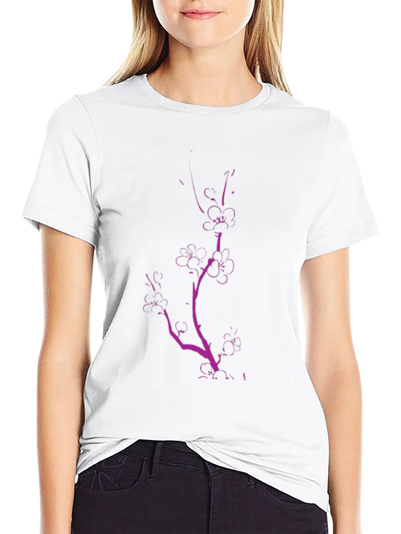 Black Tee with Pink Floral Branch
