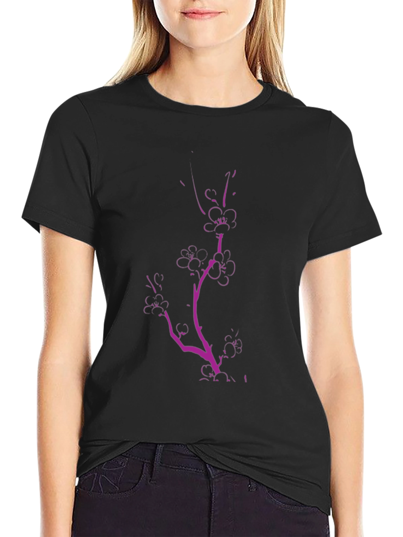Black Tee with Pink Floral Branch