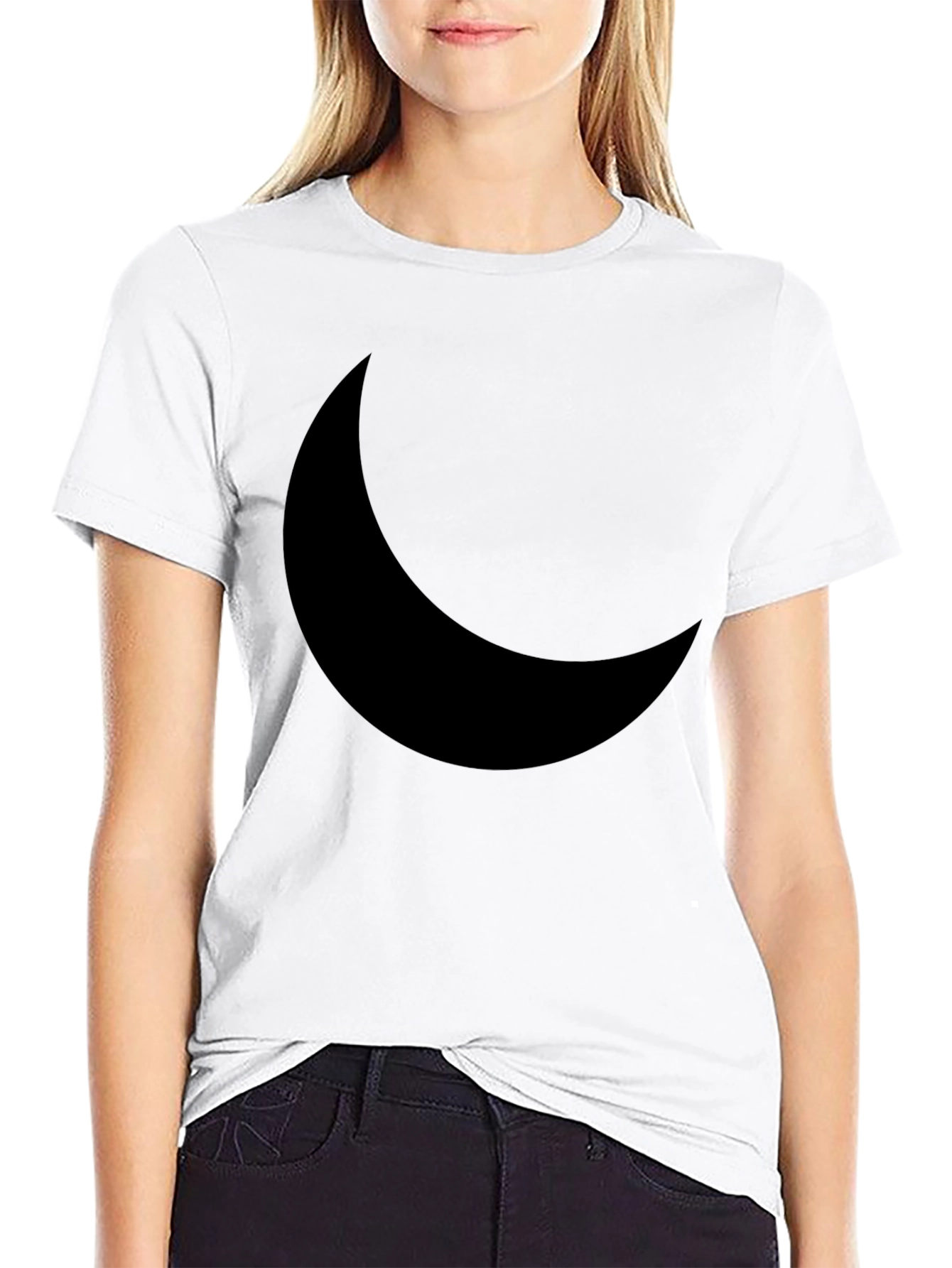 Crescent Moon Graphic Tee - Black Cotton Casual