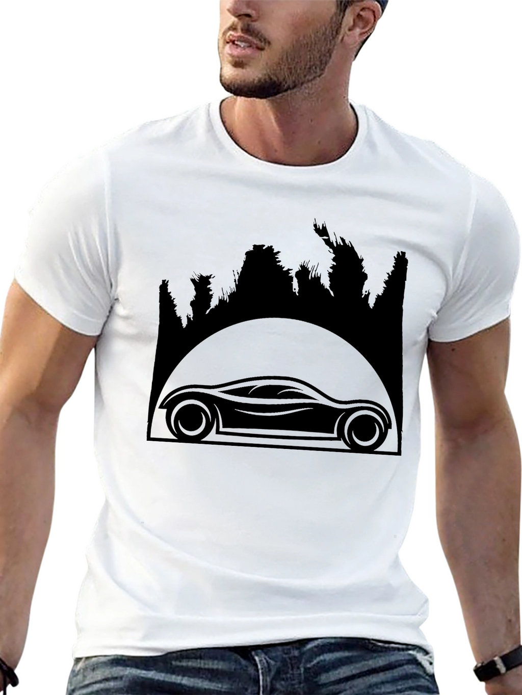 Sleek Car & Forest Silhouette Black T-Shirt