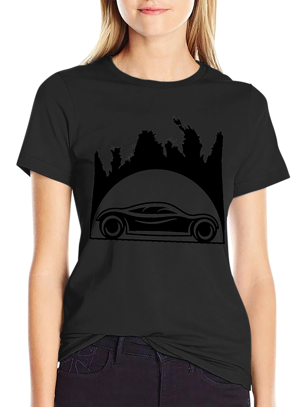Sleek Car & Forest Silhouette Black T-Shirt