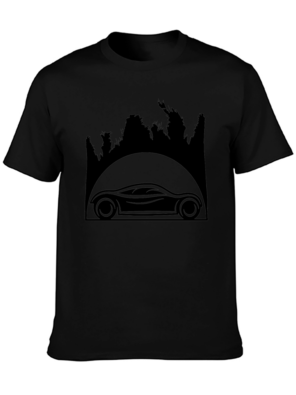 Sleek Car & Forest Silhouette Black T-Shirt