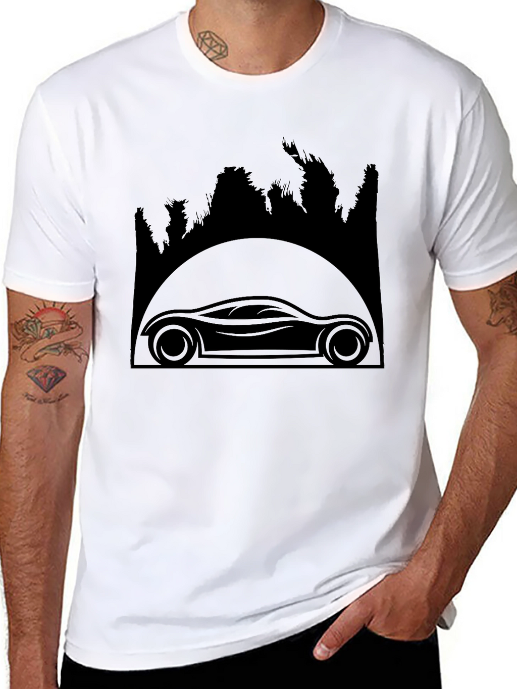 Sleek Car & Forest Silhouette Black T-Shirt