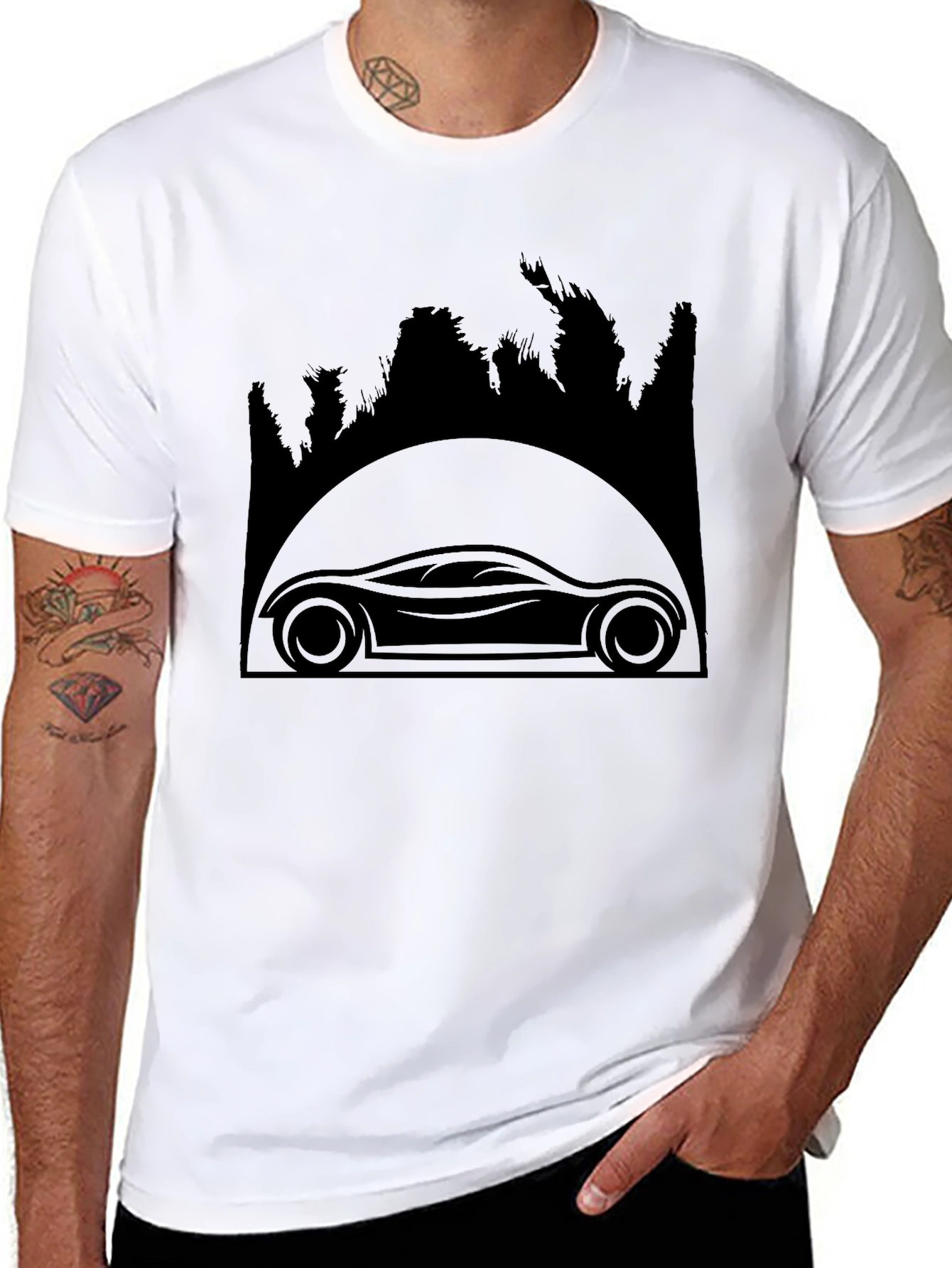 Sleek Car & Forest Silhouette Black T-Shirt