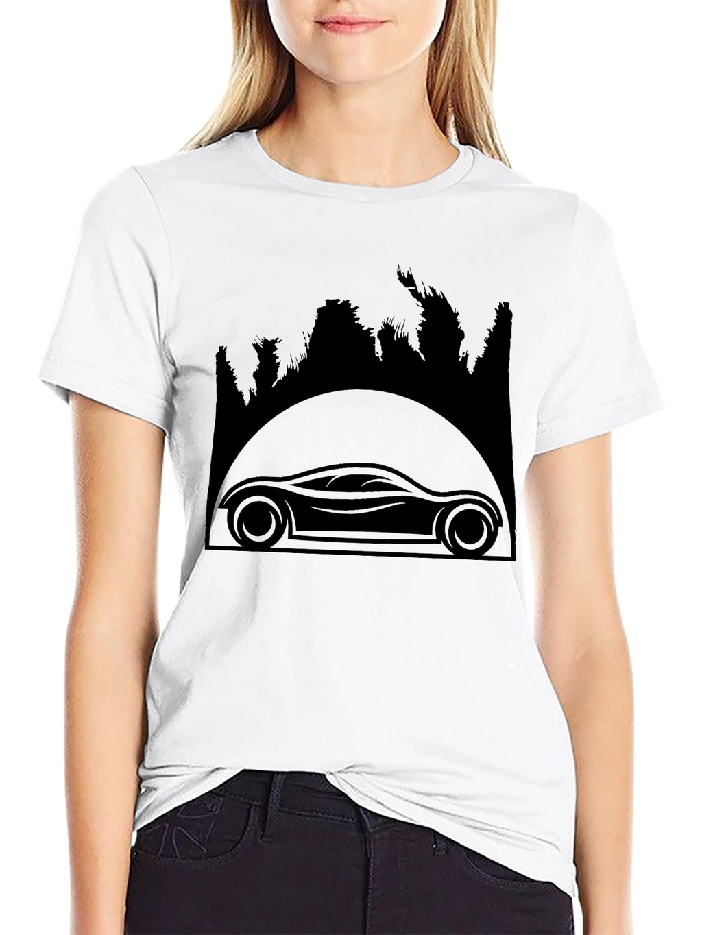 Sleek Car & Forest Silhouette Black T-Shirt