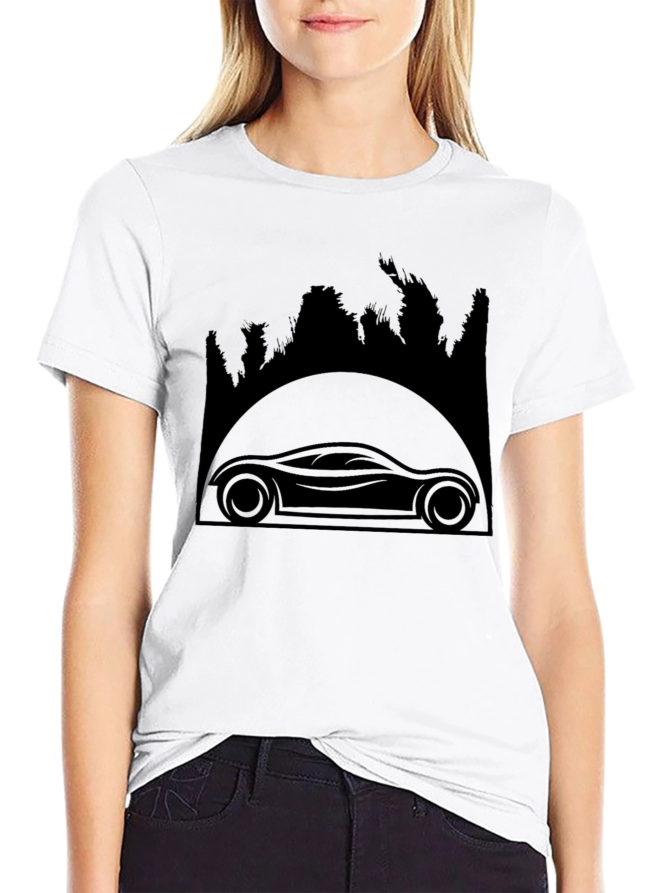 Sleek Car & Forest Silhouette Black T-Shirt