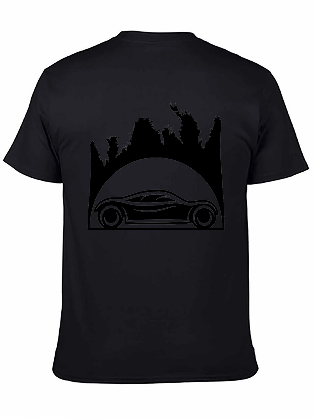 Sleek Car & Forest Silhouette Black T-Shirt