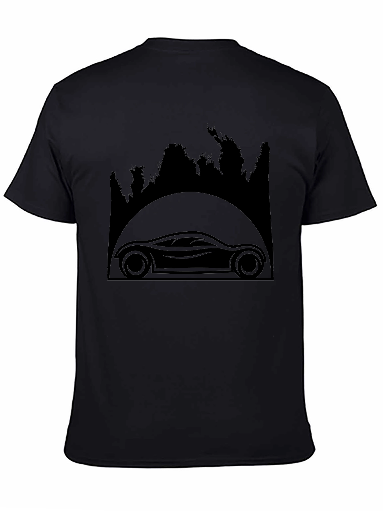 Sleek Car & Forest Silhouette Black T-Shirt