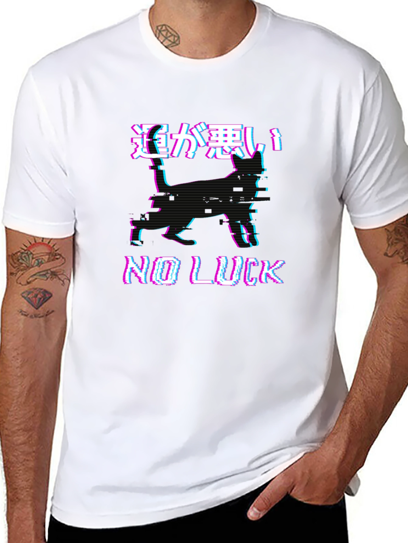 No Luck Glitch Black Graphic T-Shirt