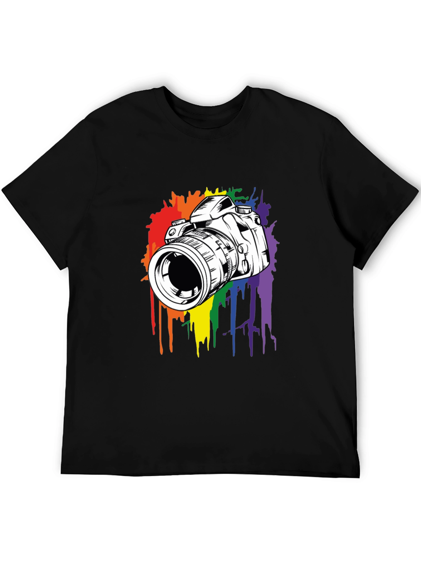 Camera Rainbow Splash Graphic Tee - Black Cotton Shirt