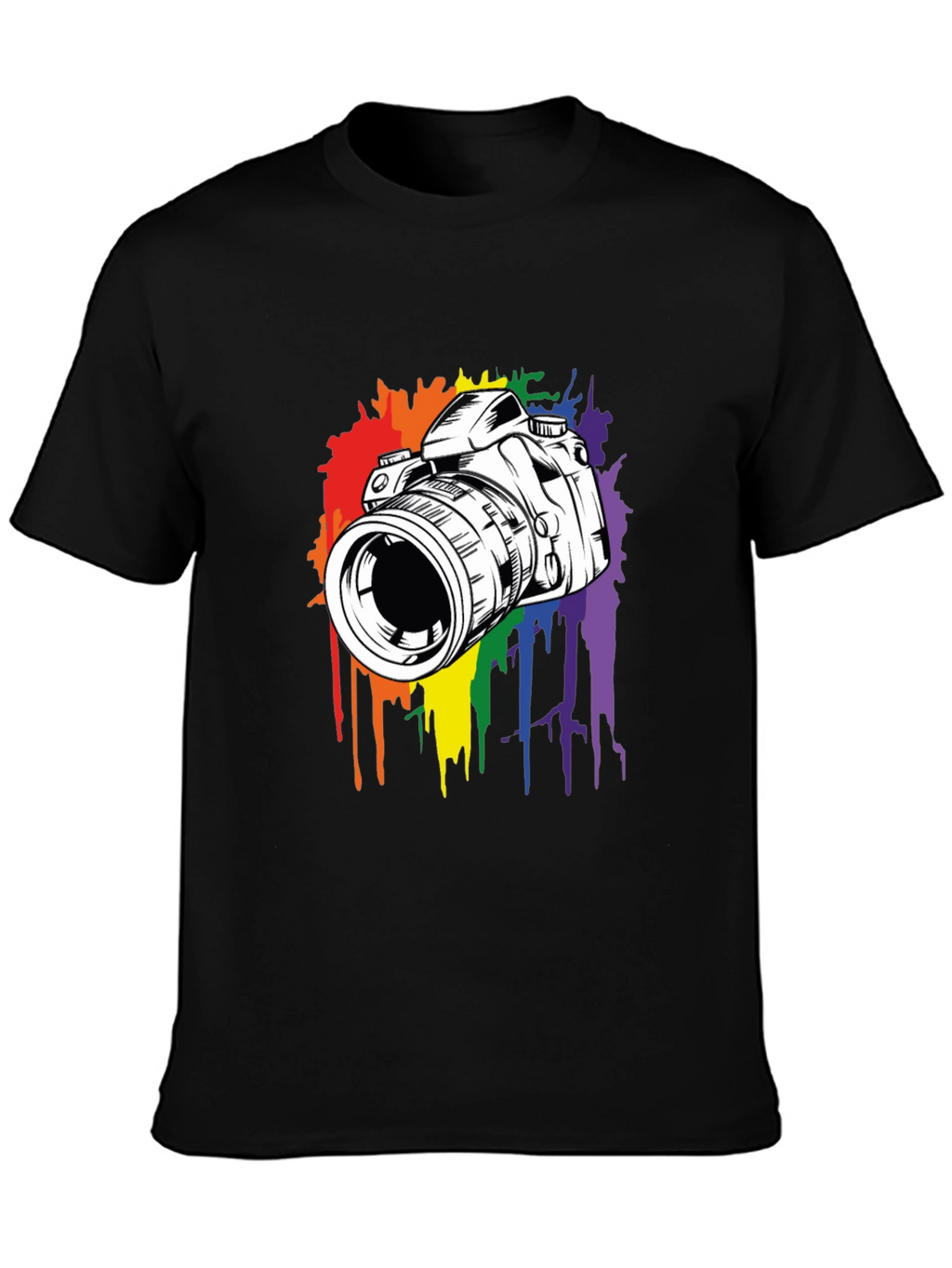 Camera Rainbow Splash Graphic Tee - Black Cotton Shirt