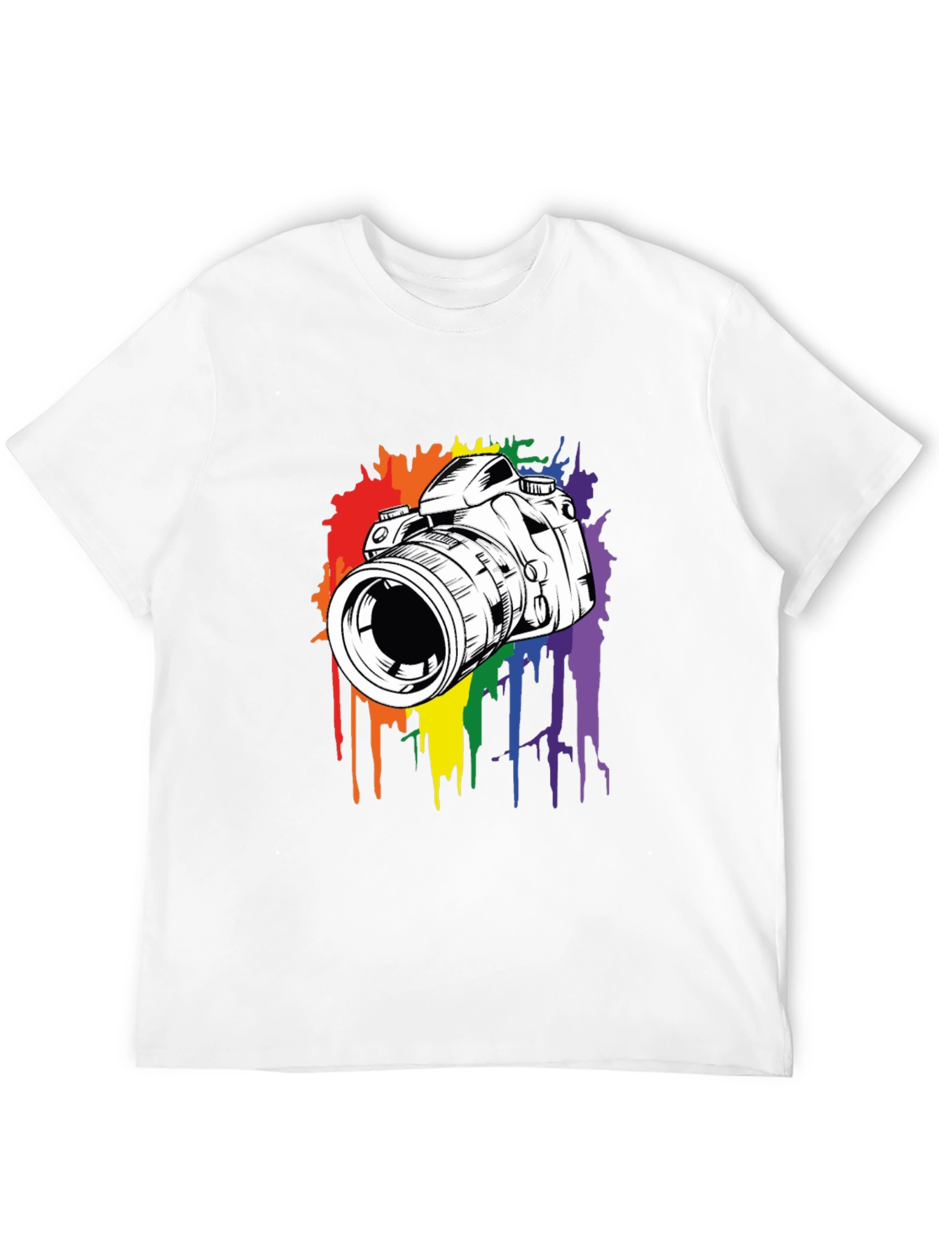 Camera Rainbow Splash Graphic Tee - Black Cotton Shirt