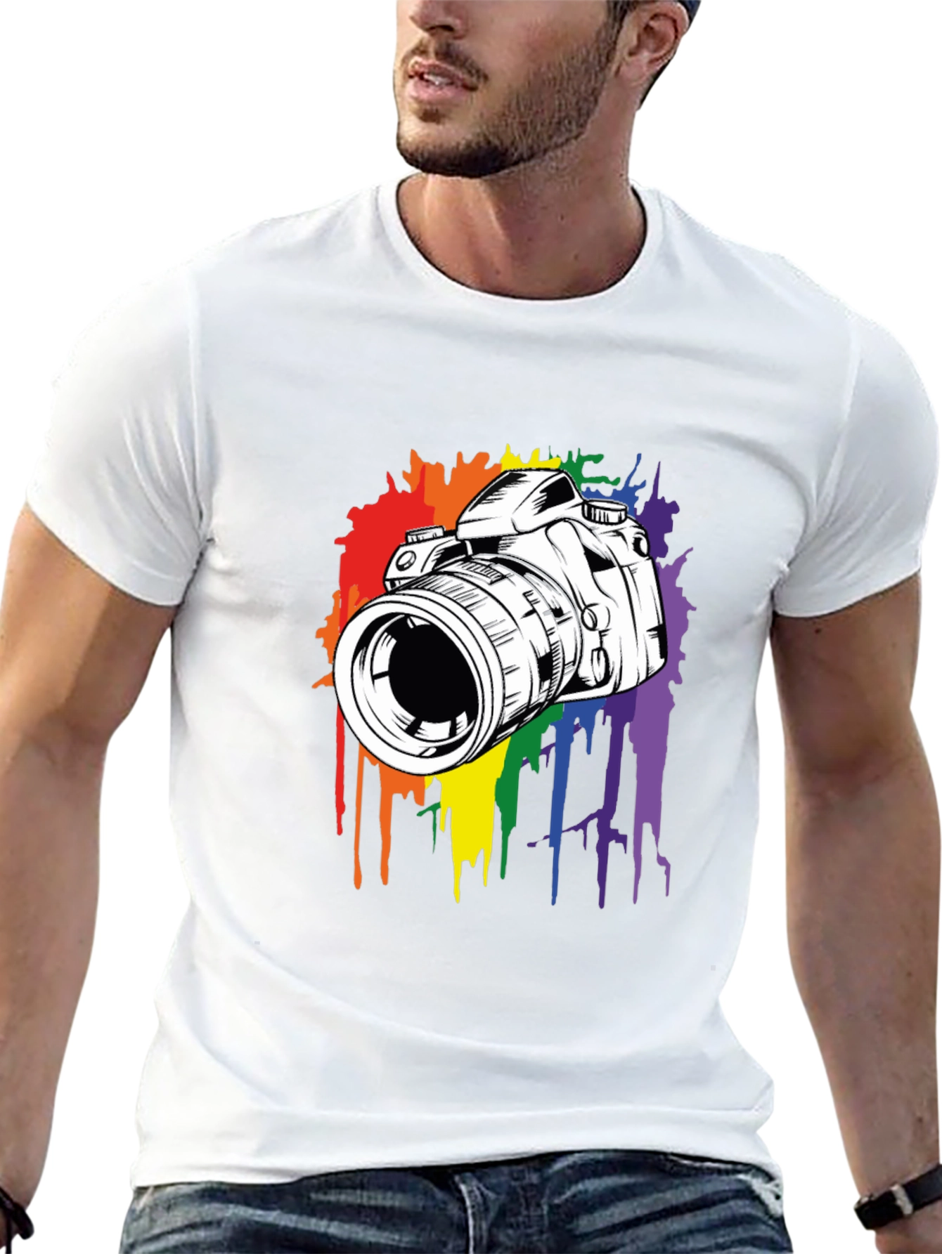 Camera Rainbow Splash Graphic Tee - Black Cotton Shirt