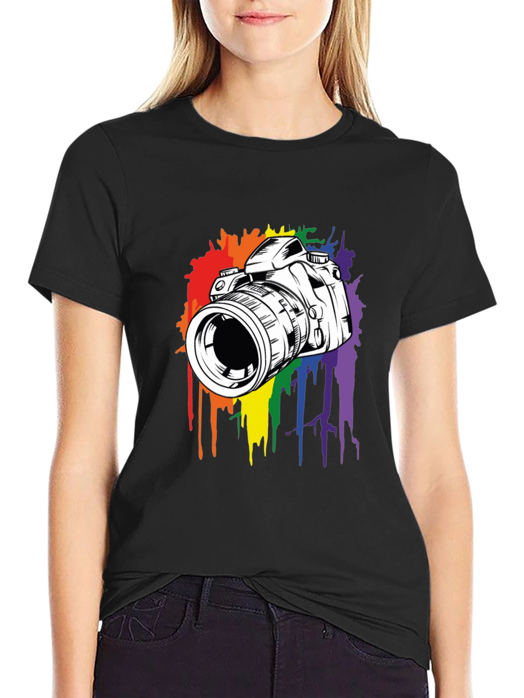 Camera Rainbow Splash Graphic Tee - Black Cotton Shirt