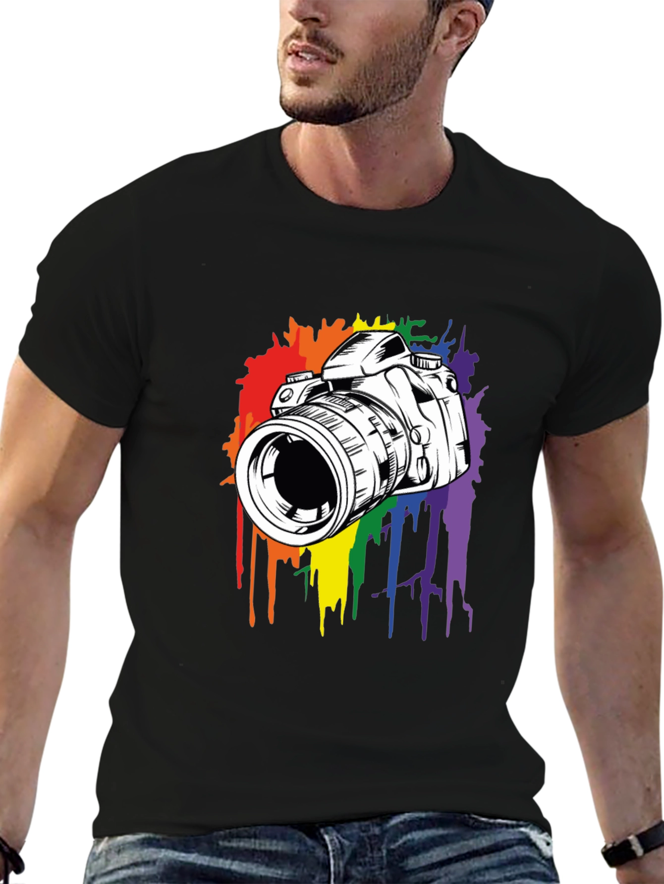 Camera Rainbow Splash Graphic Tee - Black Cotton Shirt
