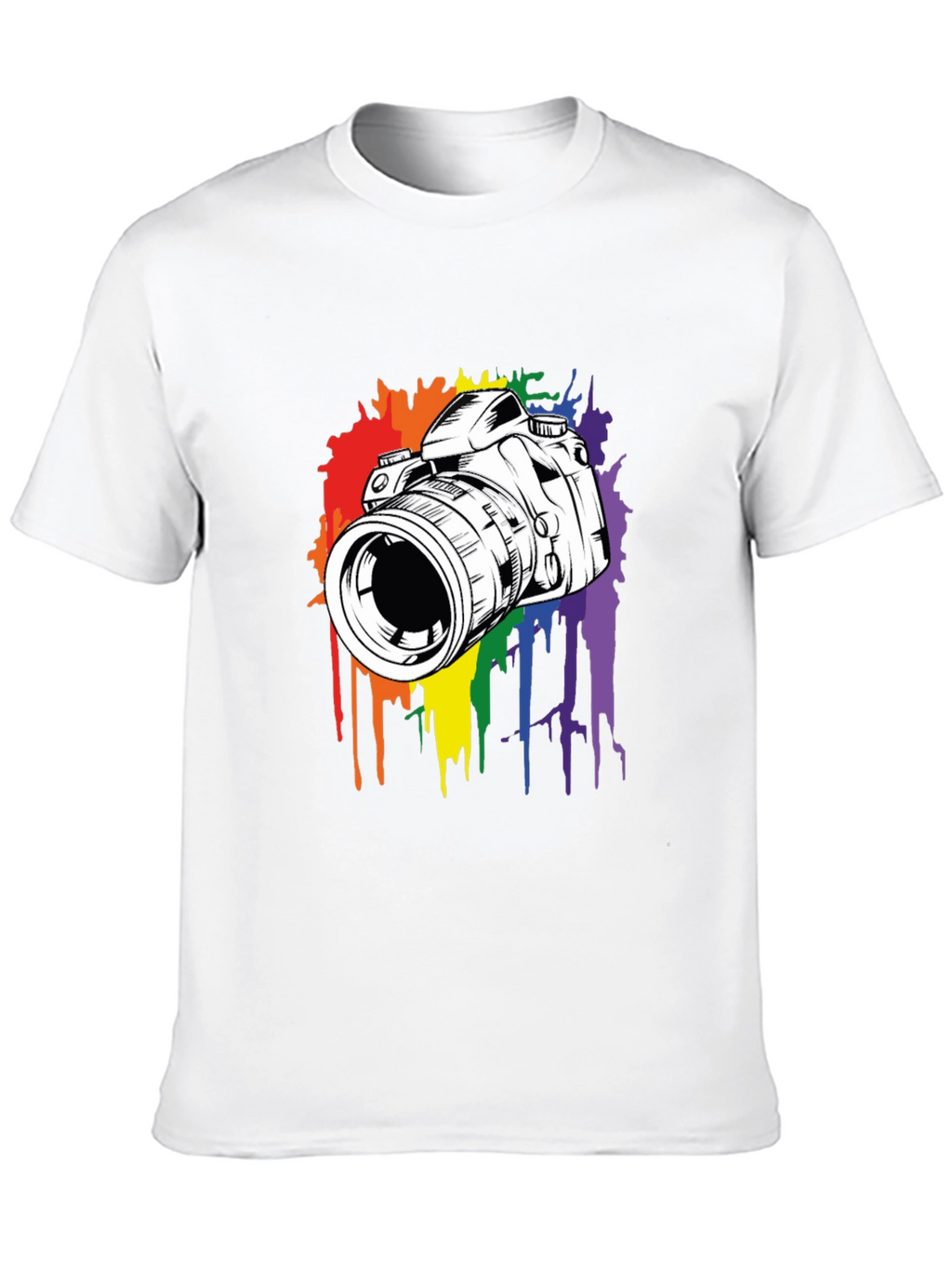 Camera Rainbow Splash Graphic Tee - Black Cotton Shirt