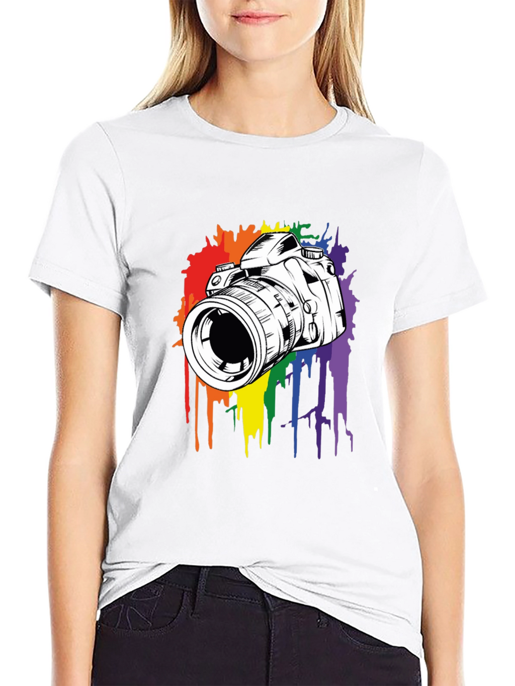 Camera Rainbow Splash Graphic Tee - Black Cotton Shirt