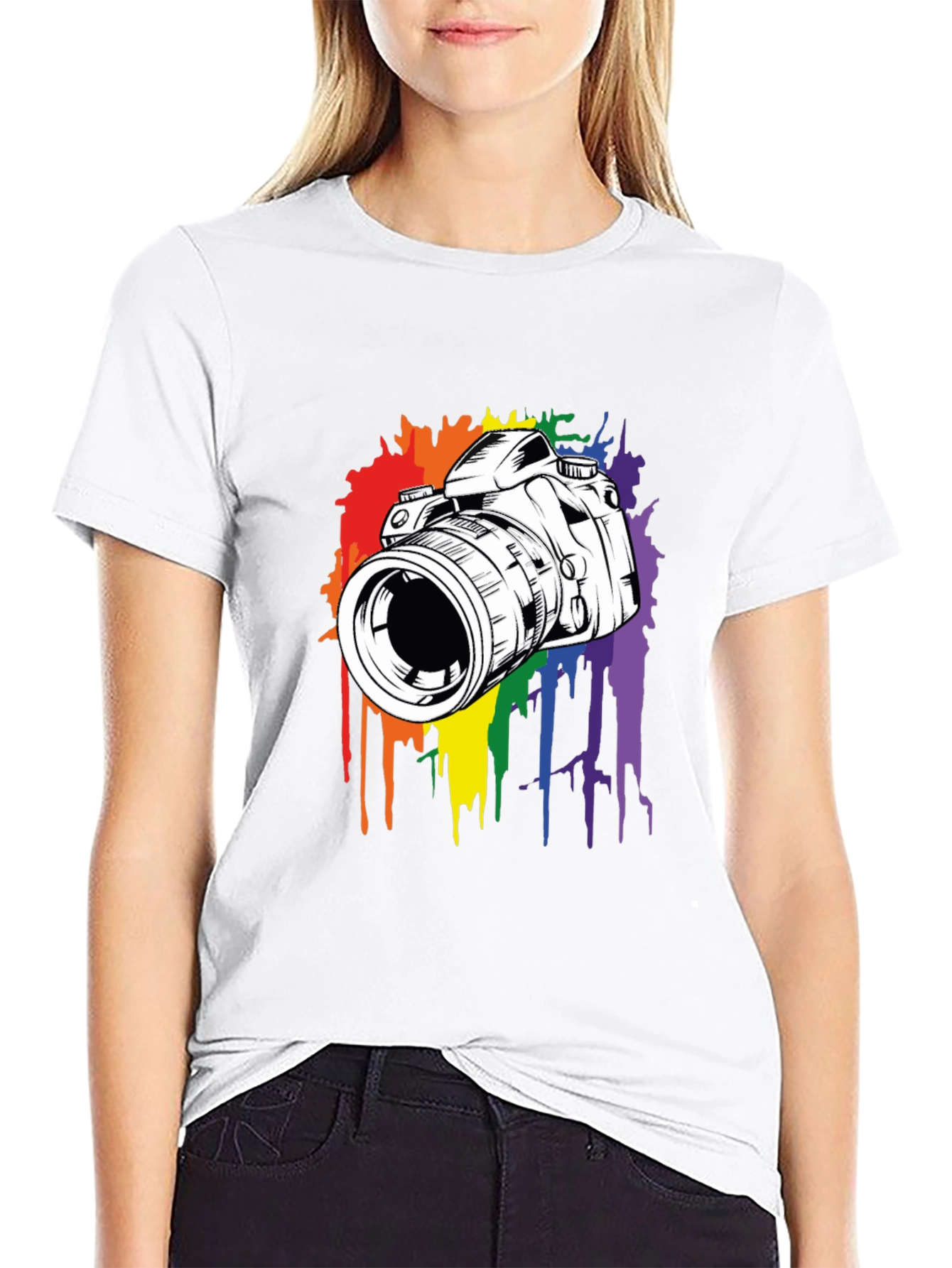 Camera Rainbow Splash Graphic Tee - Black Cotton Shirt