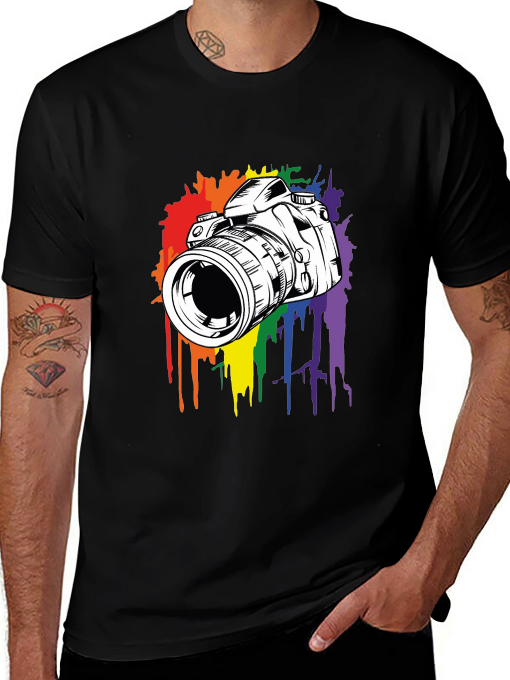 Camera Rainbow Splash Graphic Tee - Black Cotton Shirt