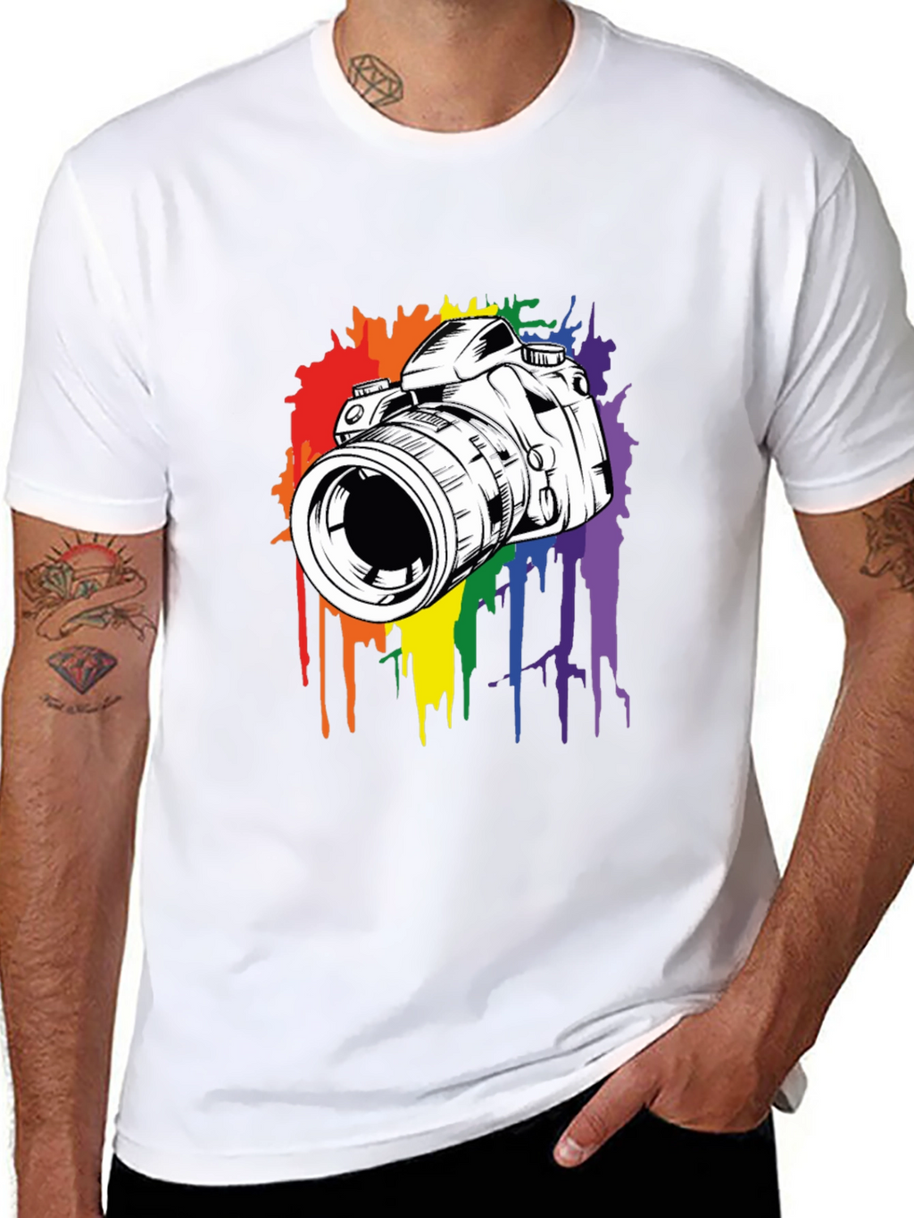 Camera Rainbow Splash Graphic Tee - Black Cotton Shirt