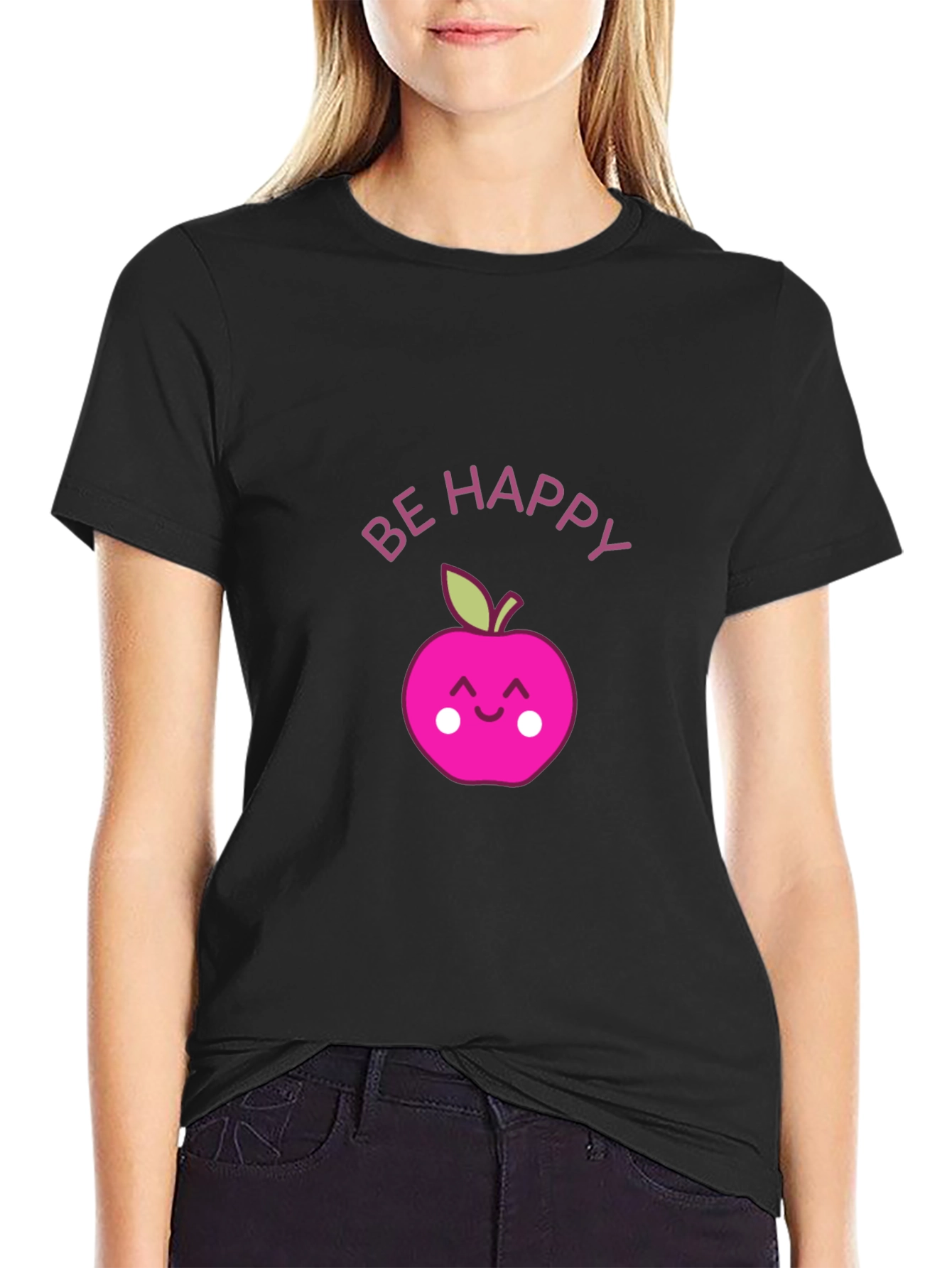 Be Happy Apple Graphic Tee - Black