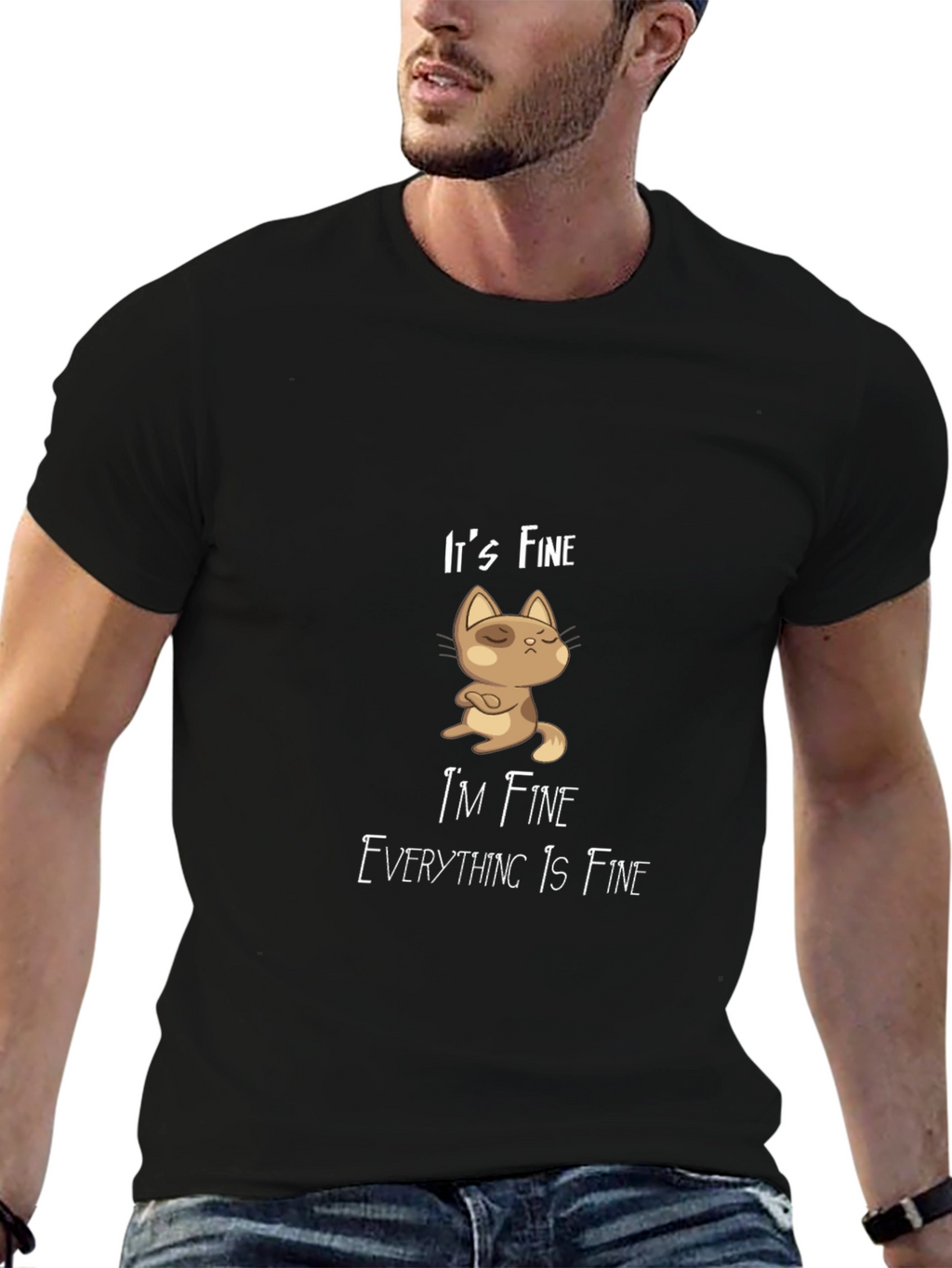 Its Fine Cat Graphic T-Shirt - Black Casual Tee