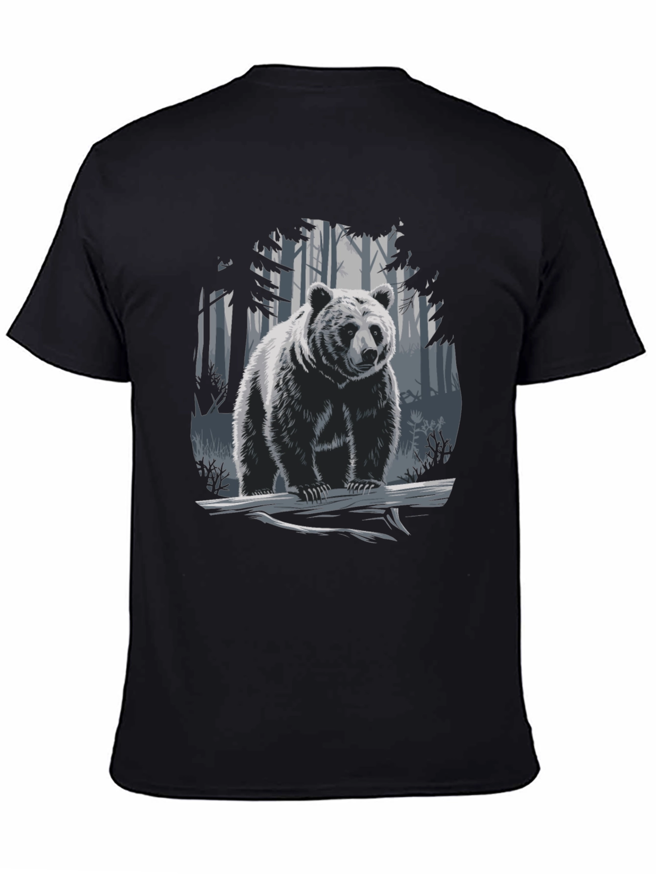 Bear in Forest Graphic Tee - Black Casual T-Shirt
