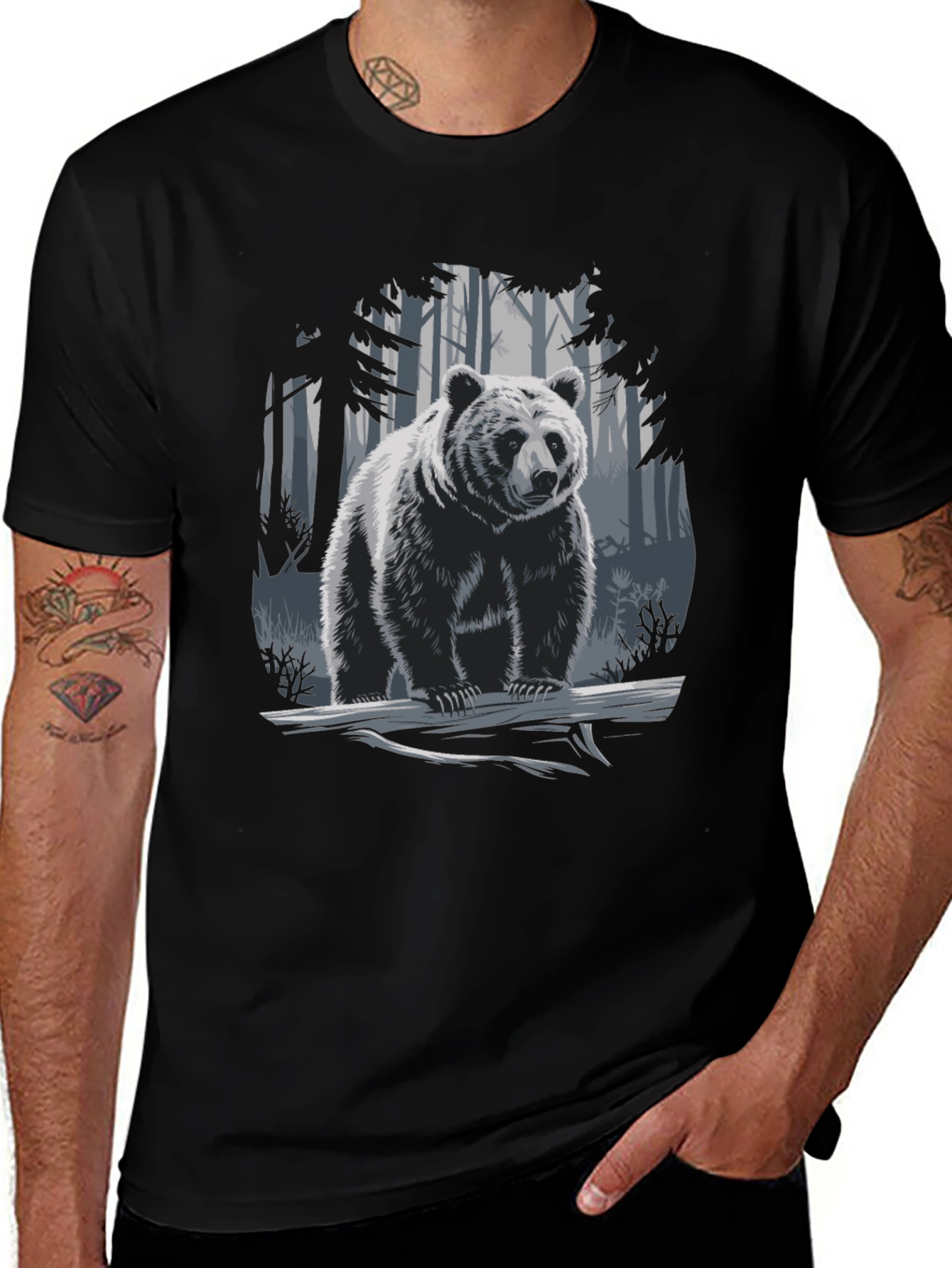 Bear in Forest Graphic Tee - Black Casual T-Shirt