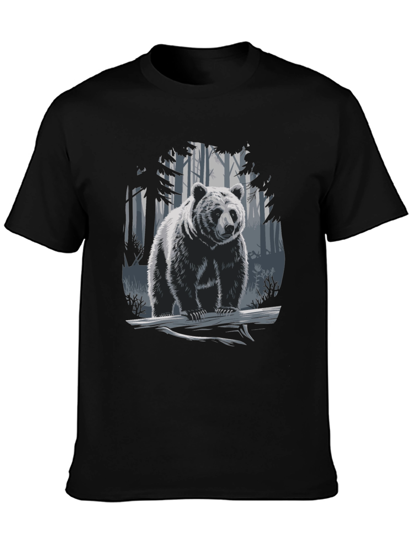 Bear in Forest Graphic Tee - Black Casual T-Shirt