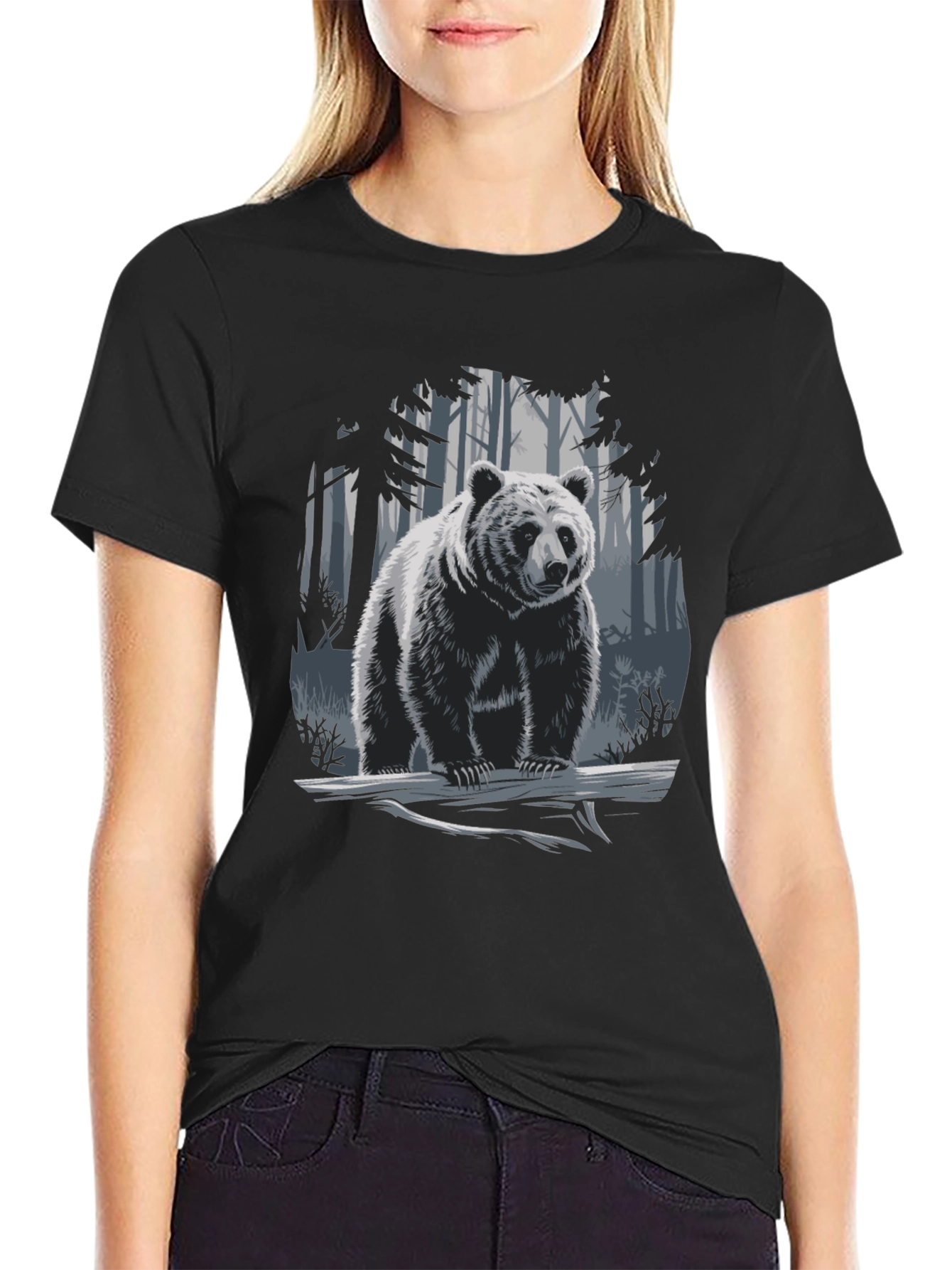 Bear in Forest Graphic Tee - Black Casual T-Shirt