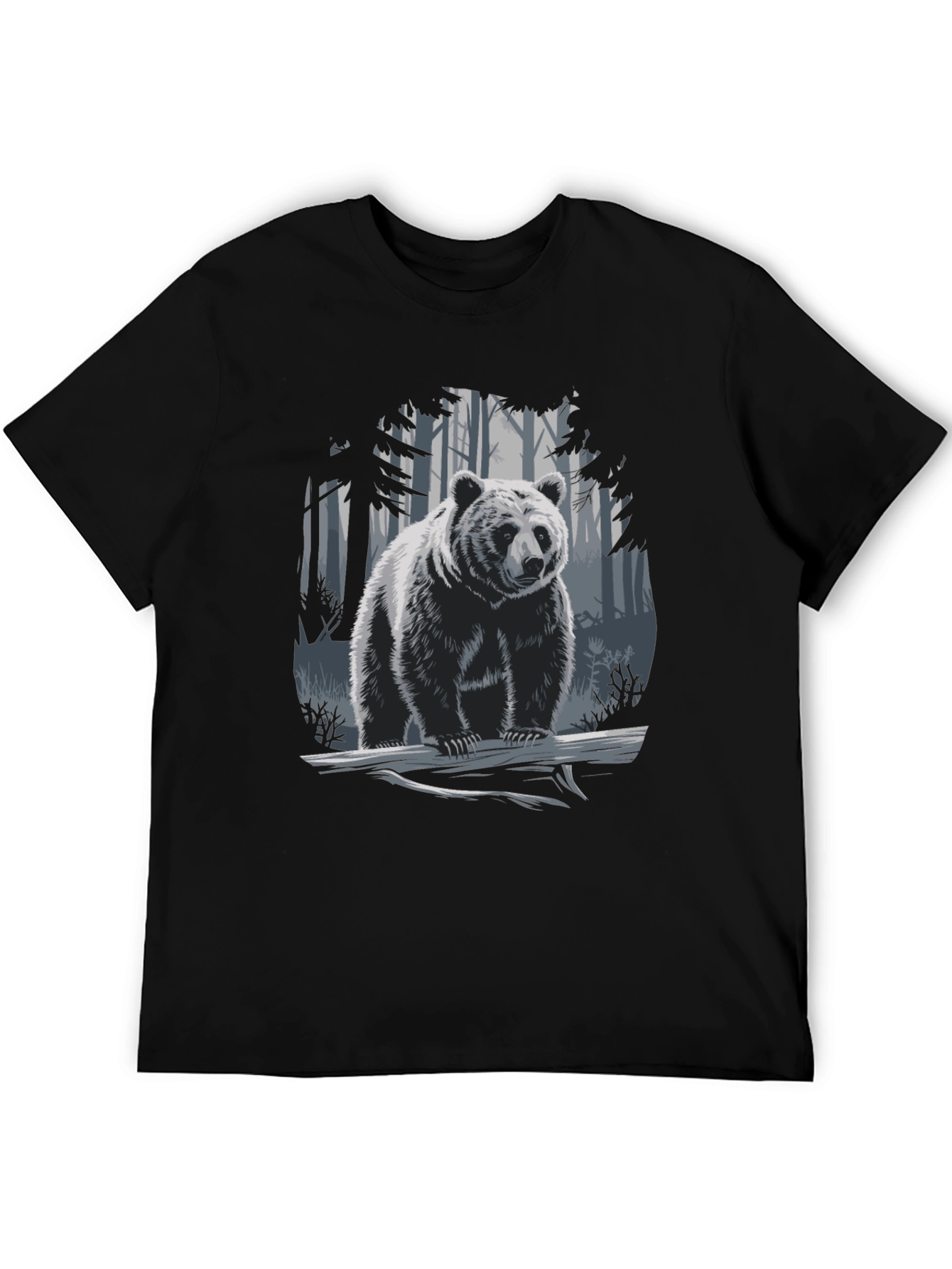 Bear in Forest Graphic Tee - Black Casual T-Shirt