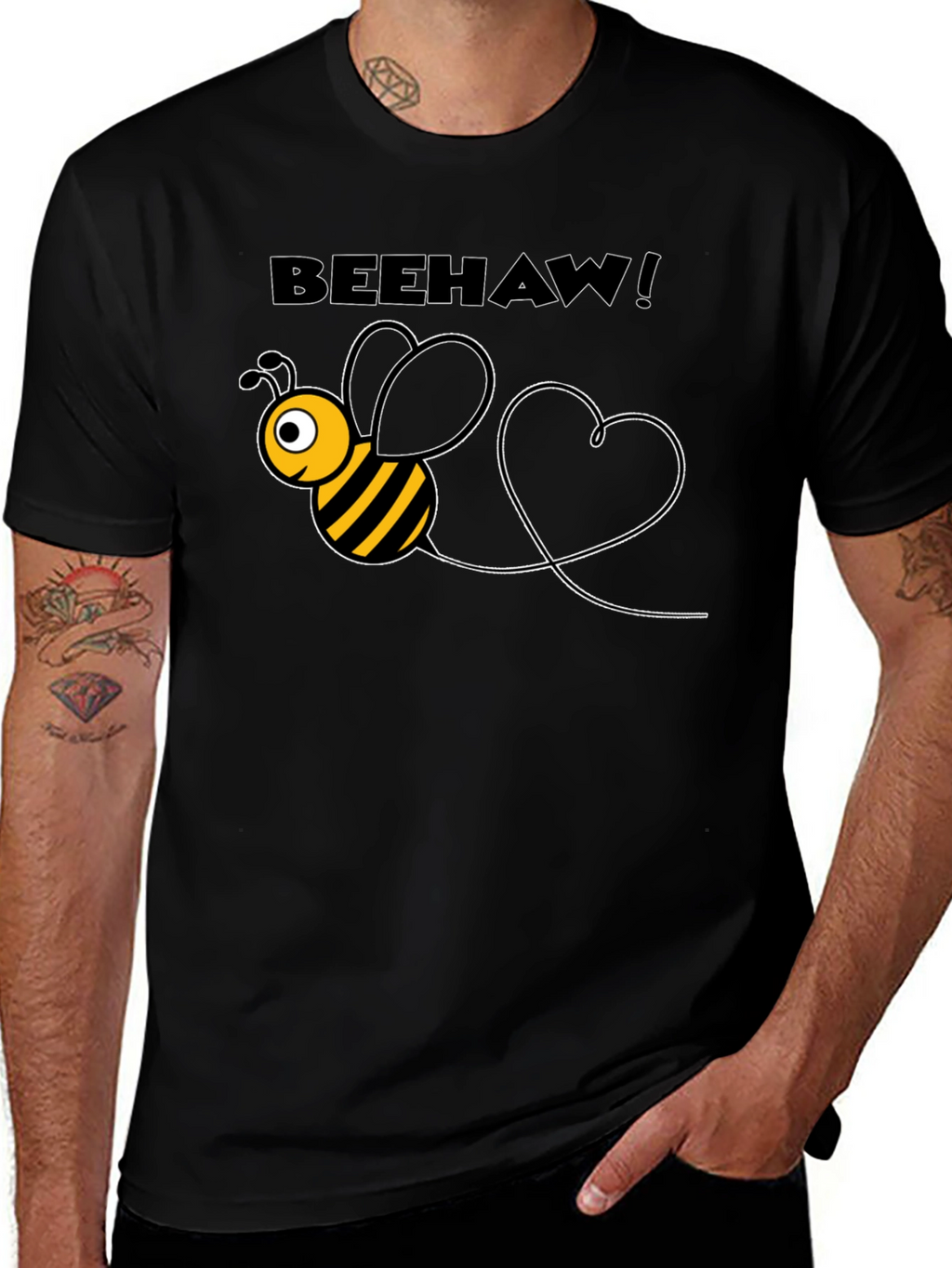 Beehaw! Black T-Shirt with Cartoon Bee Graphic