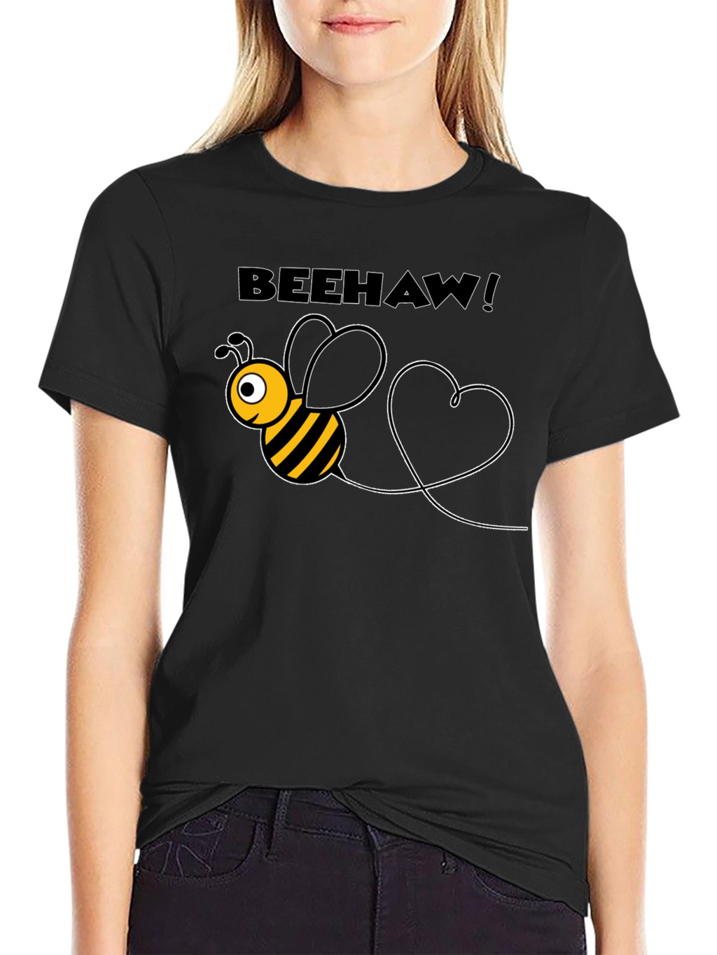 Beehaw! Black T-Shirt with Cartoon Bee Graphic