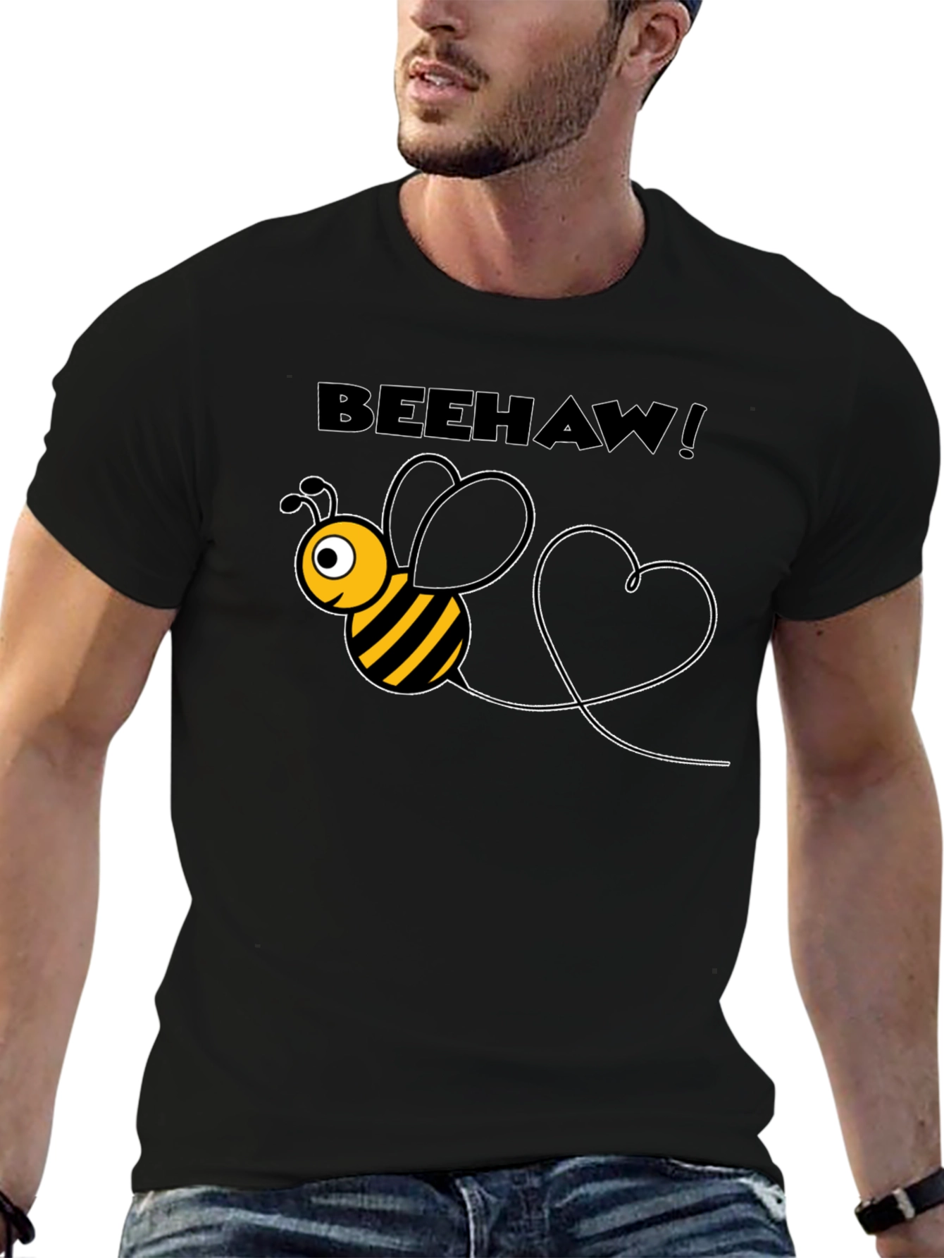 Beehaw! Black T-Shirt with Cartoon Bee Graphic