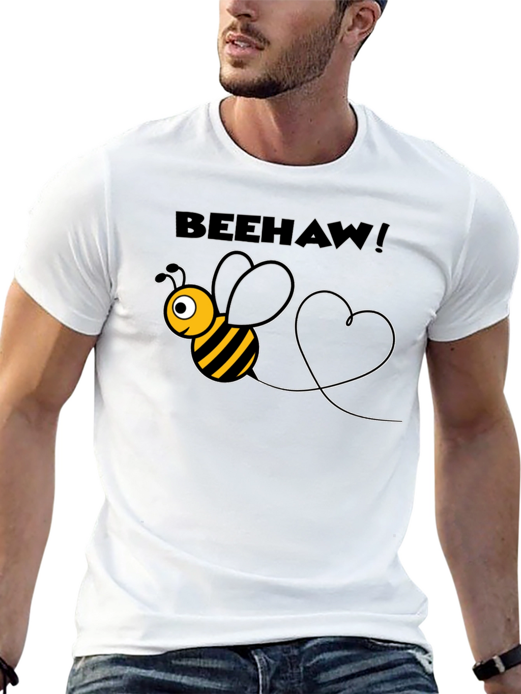 Beehaw! Black T-Shirt with Cartoon Bee Graphic