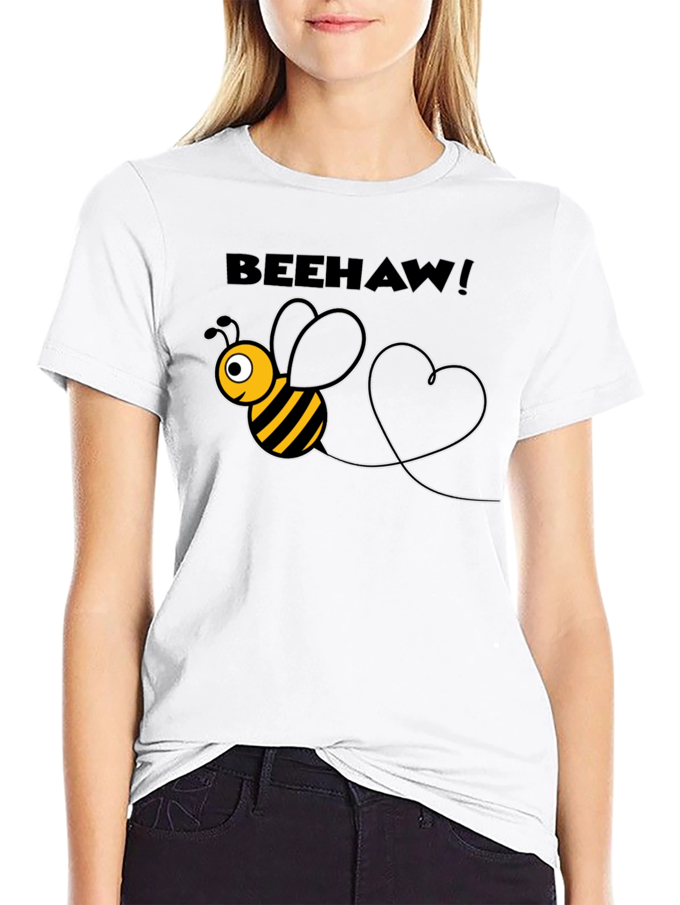 Beehaw! Black T-Shirt with Cartoon Bee Graphic