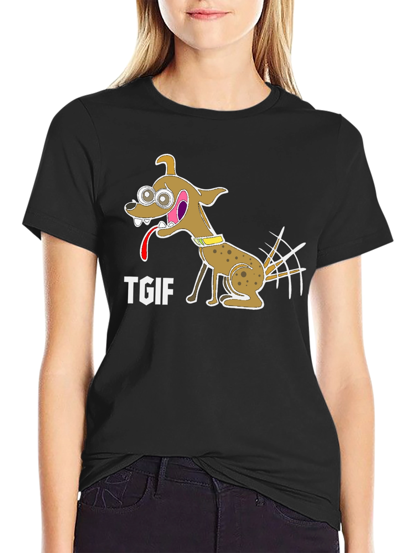 TGIF Cartoon Dog Graphic Black T-Shirt