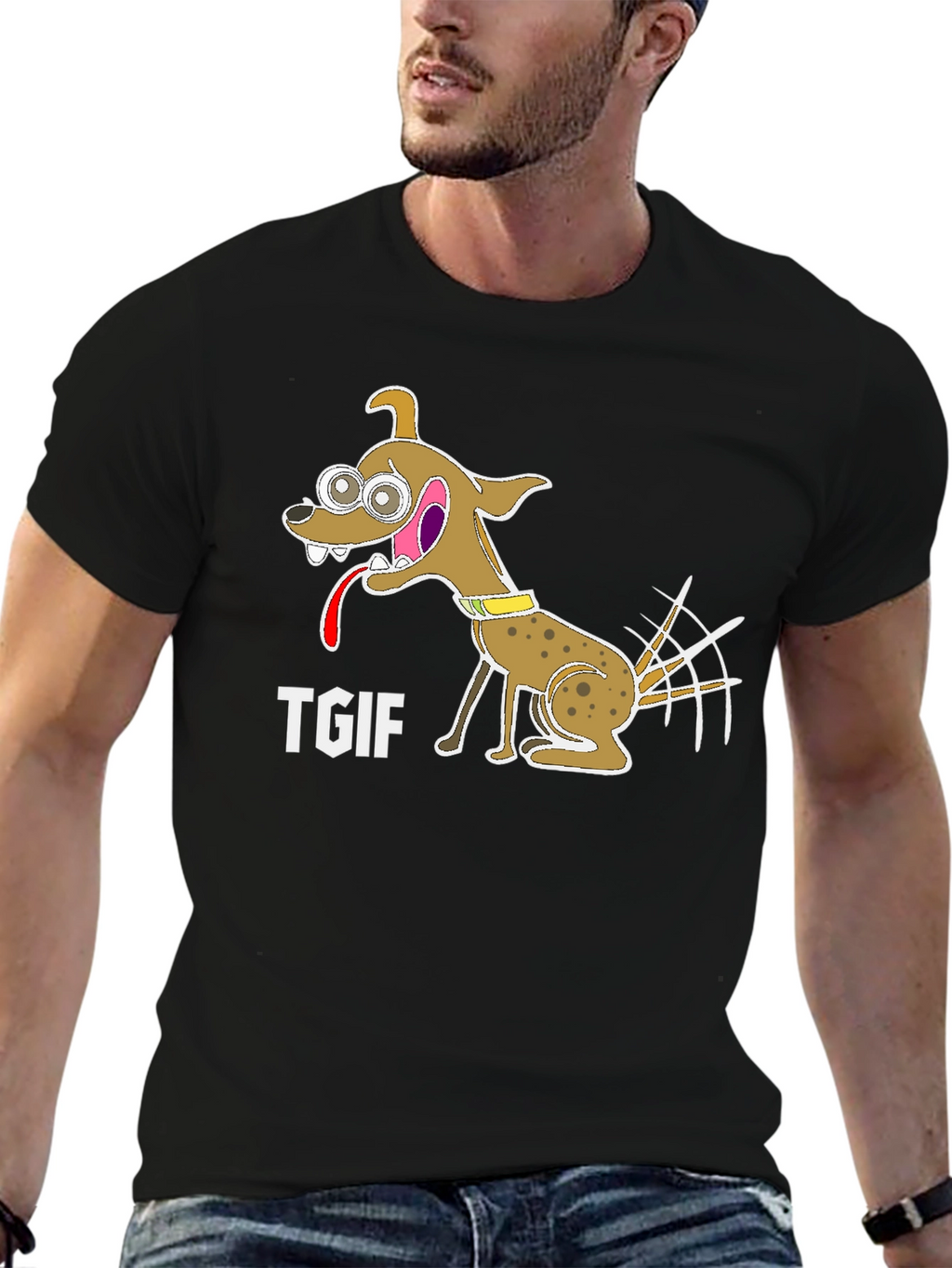 TGIF Cartoon Dog Graphic Black T-Shirt