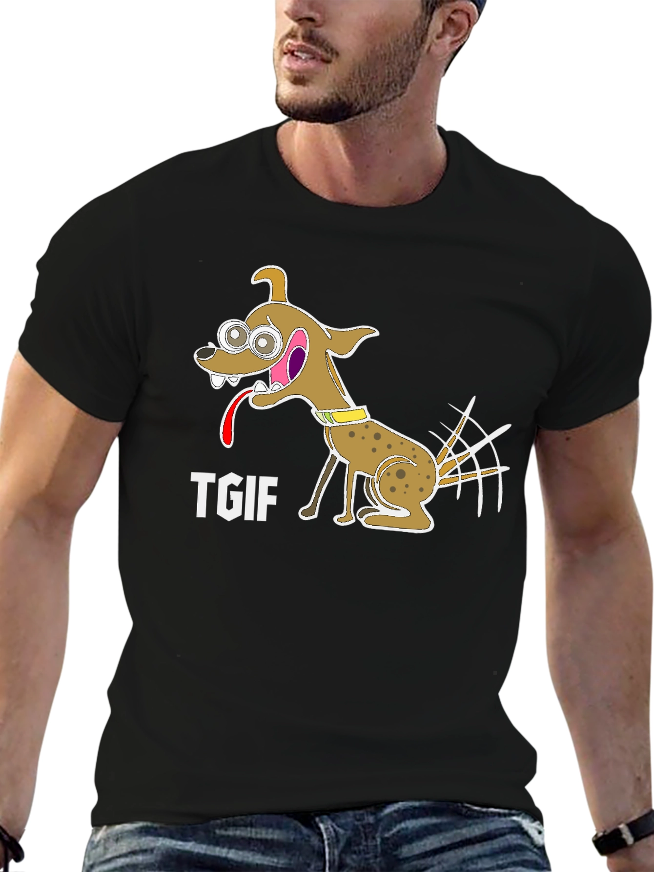 TGIF Cartoon Dog Graphic Black T-Shirt
