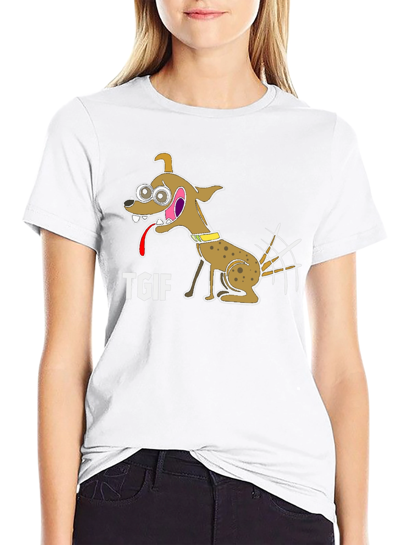 TGIF Cartoon Dog Graphic Black T-Shirt