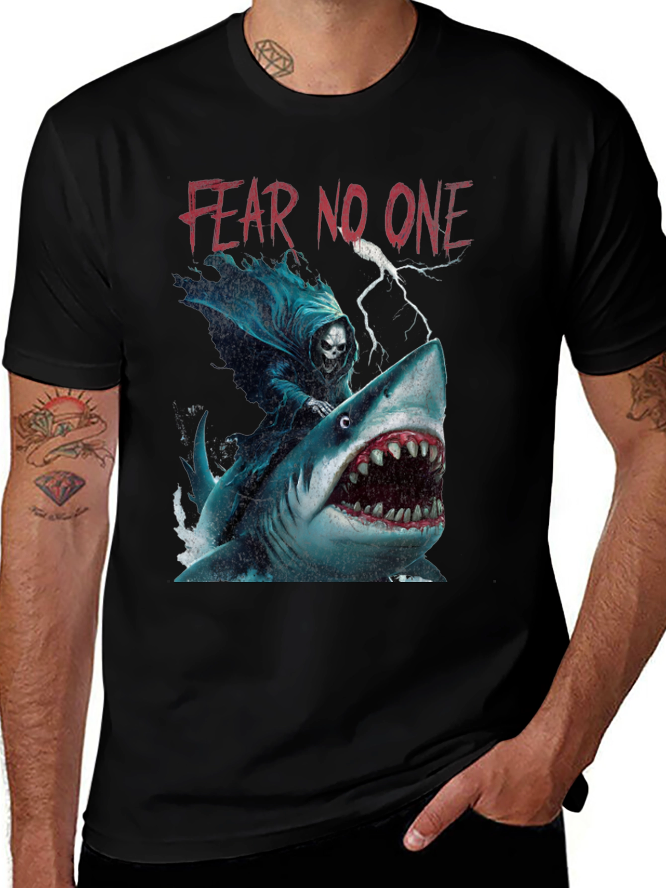 Fear No One Graphic Tee - Grim Reaper Shark Ride