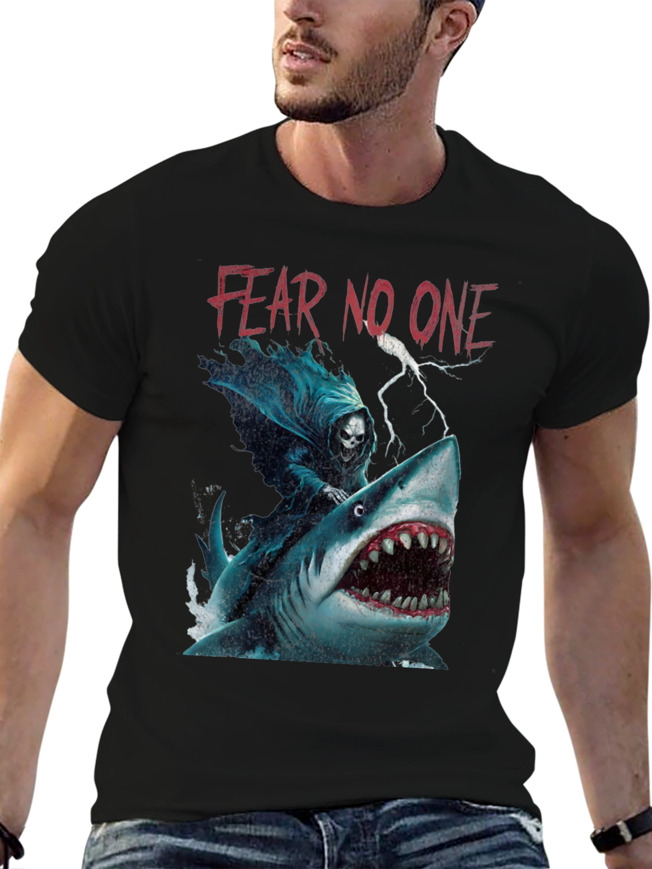 Fear No One Graphic Tee - Grim Reaper Shark Ride