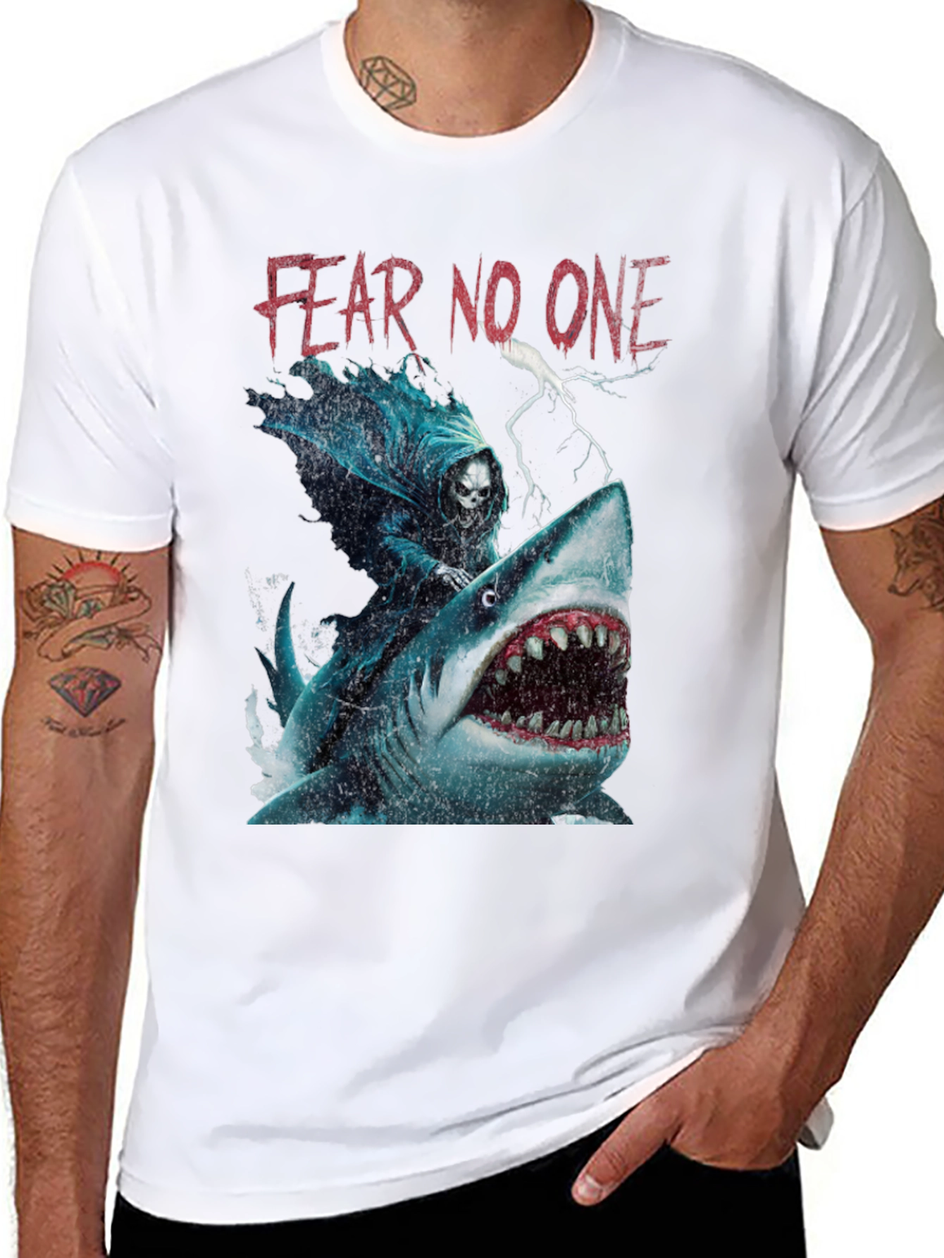 Fear No One Graphic Tee - Grim Reaper Shark Ride