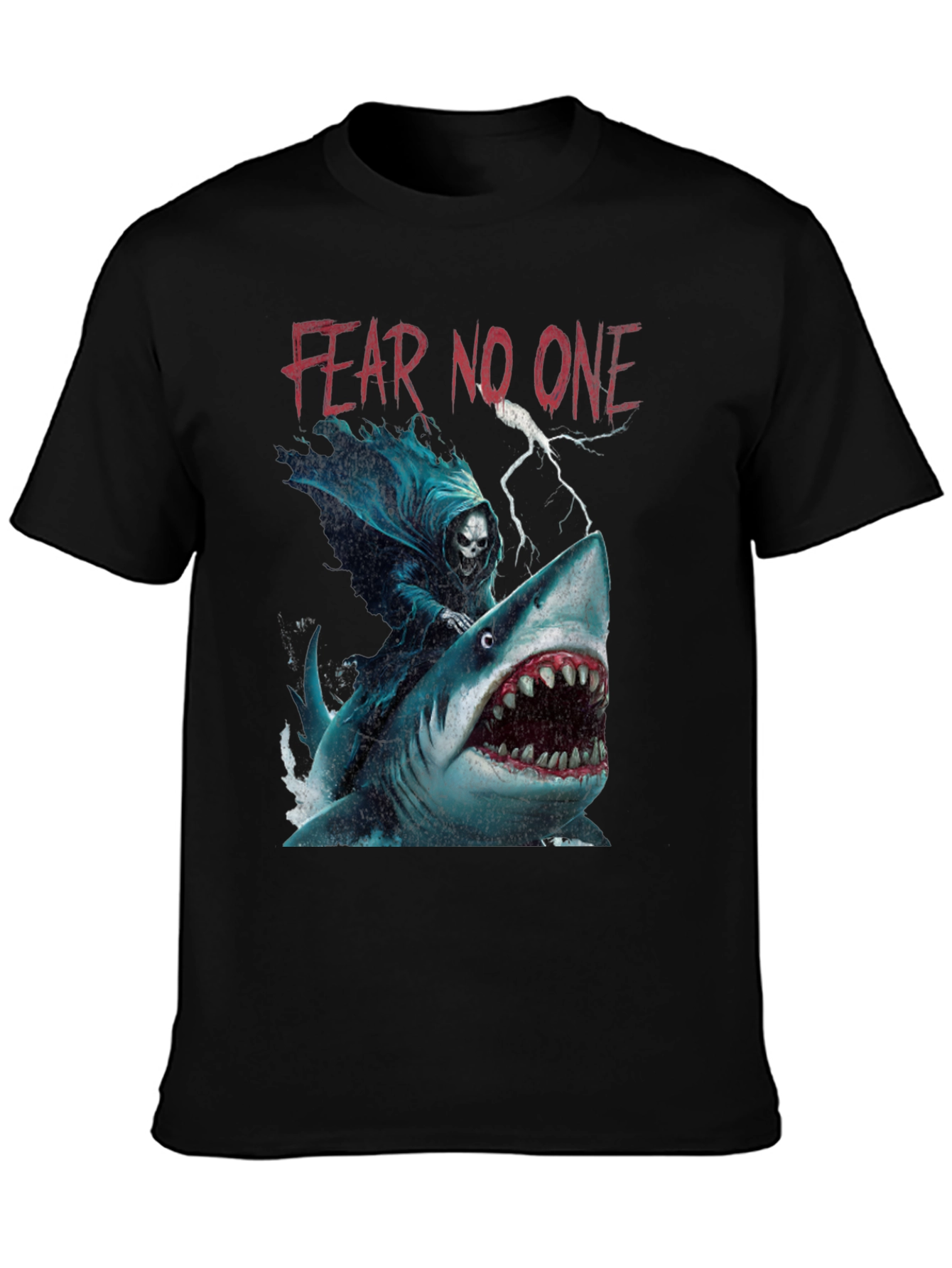 Fear No One Graphic Tee - Grim Reaper Shark Ride