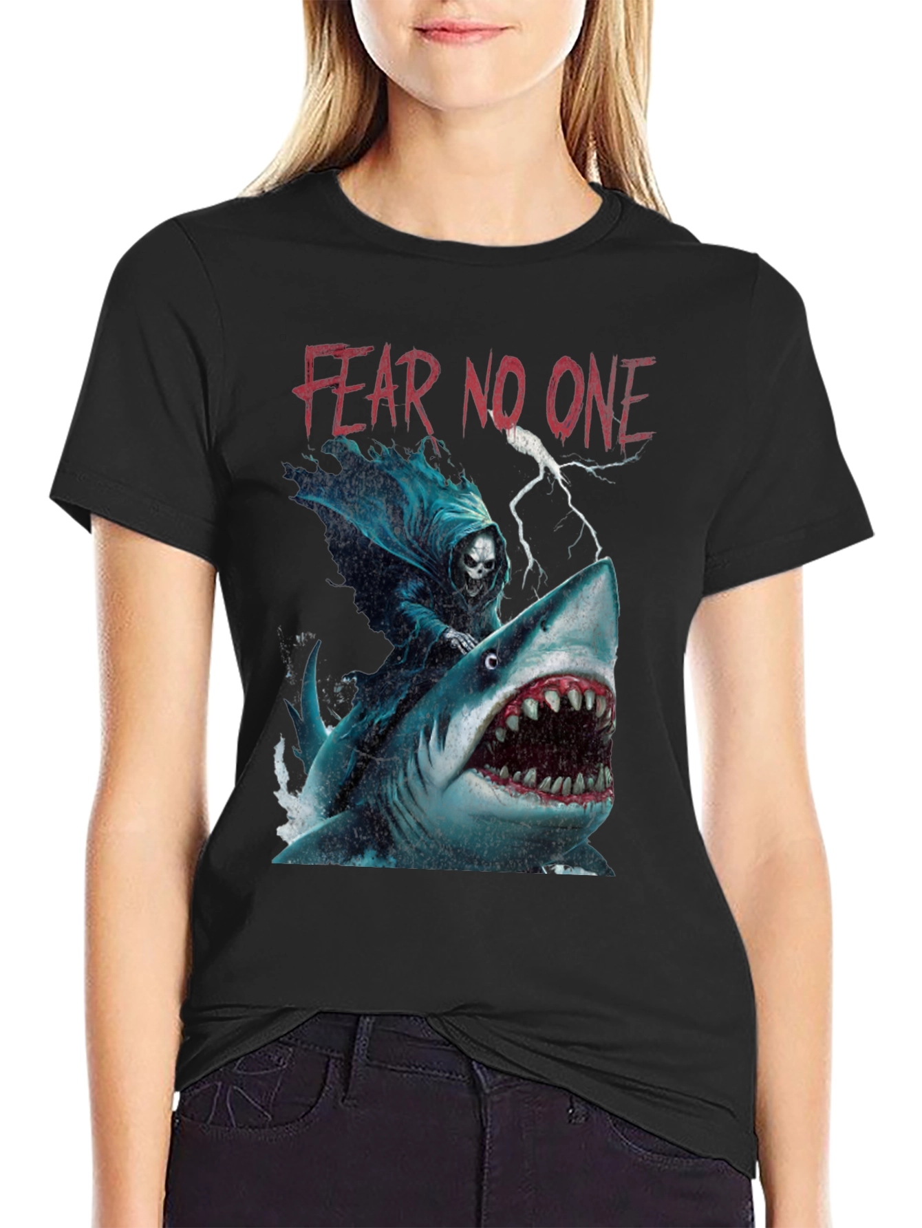 Fear No One Graphic Tee - Grim Reaper Shark Ride